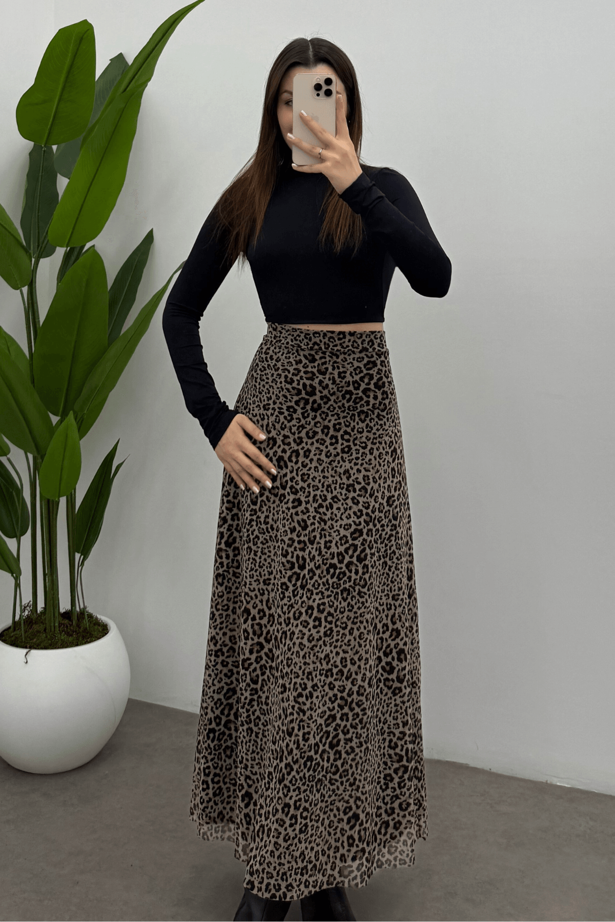 Kadın Kahverengi Nokta Leopar Baskılı  Arka Lastik Detaylı Fermuarlı Tül Etek