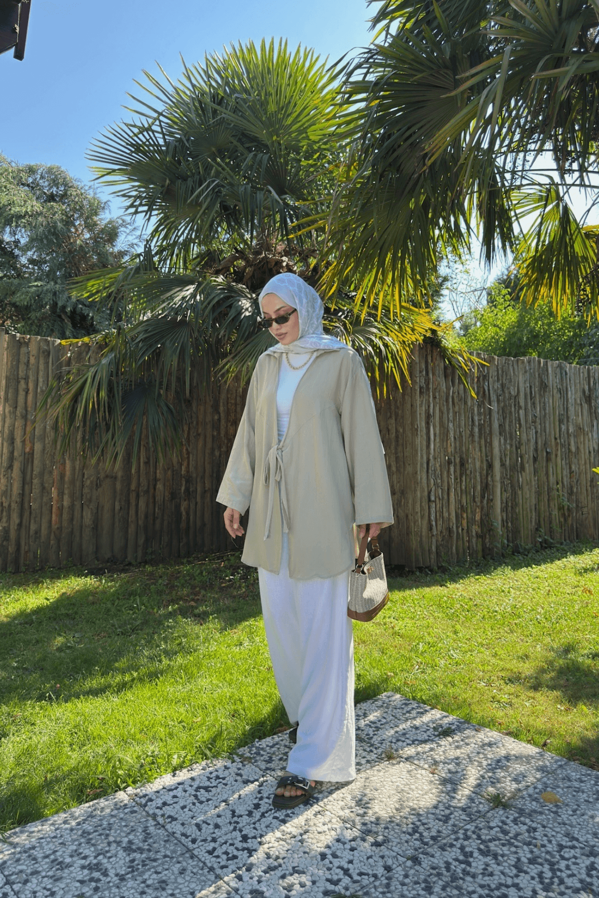 Kadın Küf Yeşili Bağlama Detaylı Flam Keten Kimono