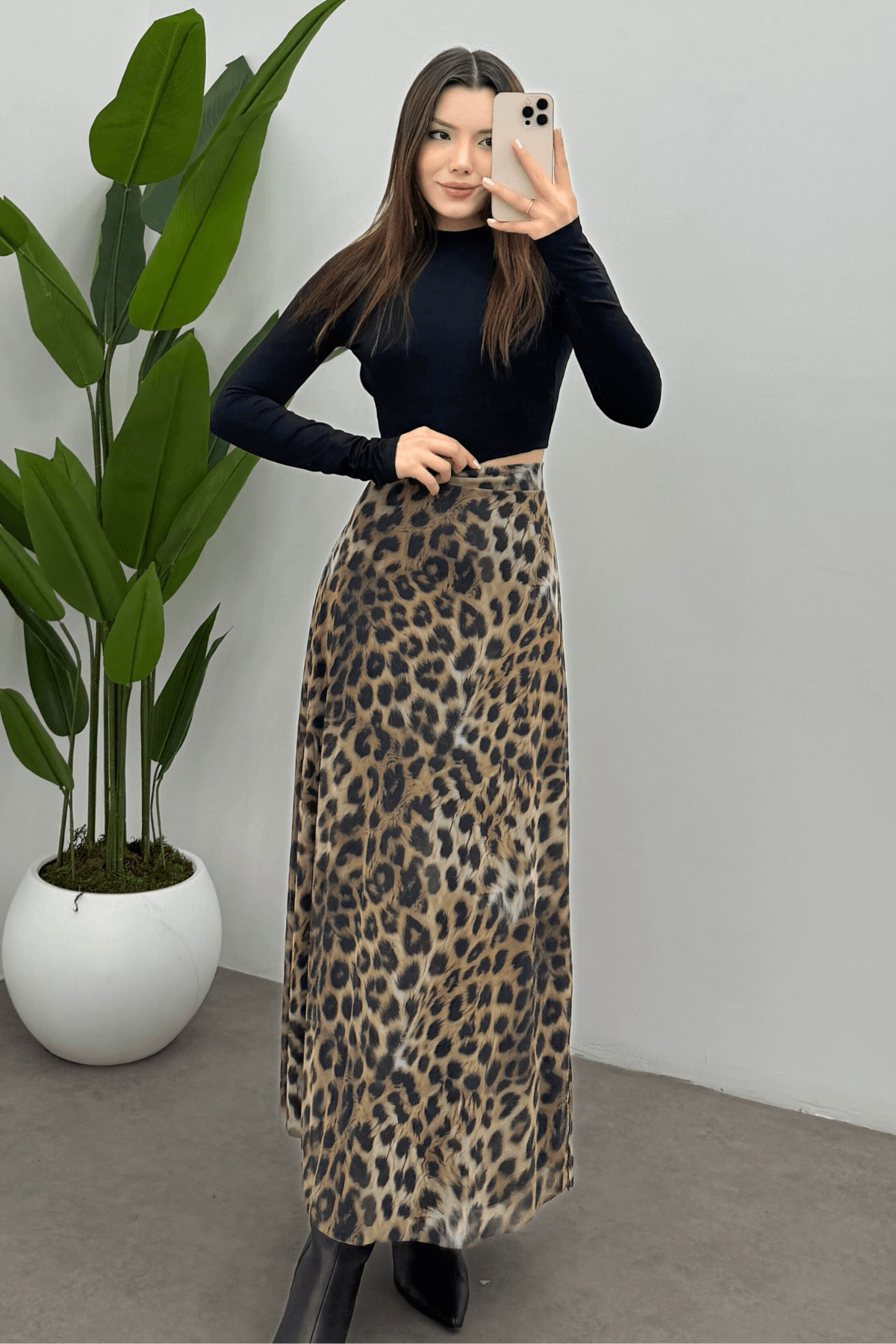  Kadın Leopar   Arka Lastik Detaylı Fermuarlı Maksi  Tül Etek