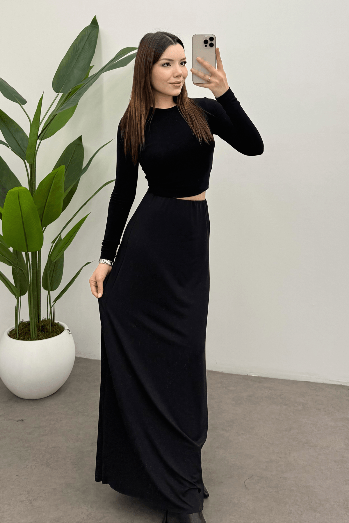 Kadın Siyah Likralı Yüksek Bel Fitted Relaxed Polyamid Maksi Basic Etek