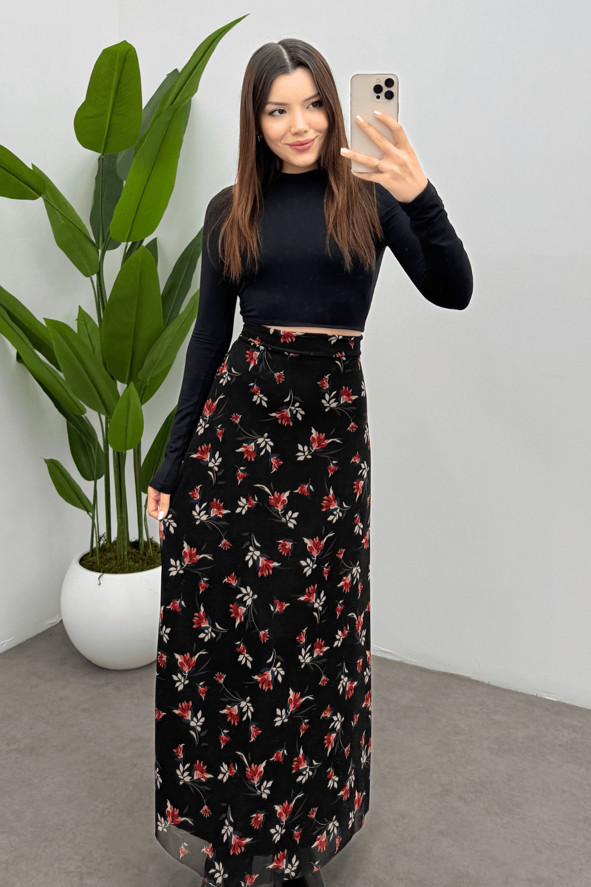 Kadın Kırmızı Yaprak Baskılı  Arka Lastik Detaylı Fermuarlı Tül Etek