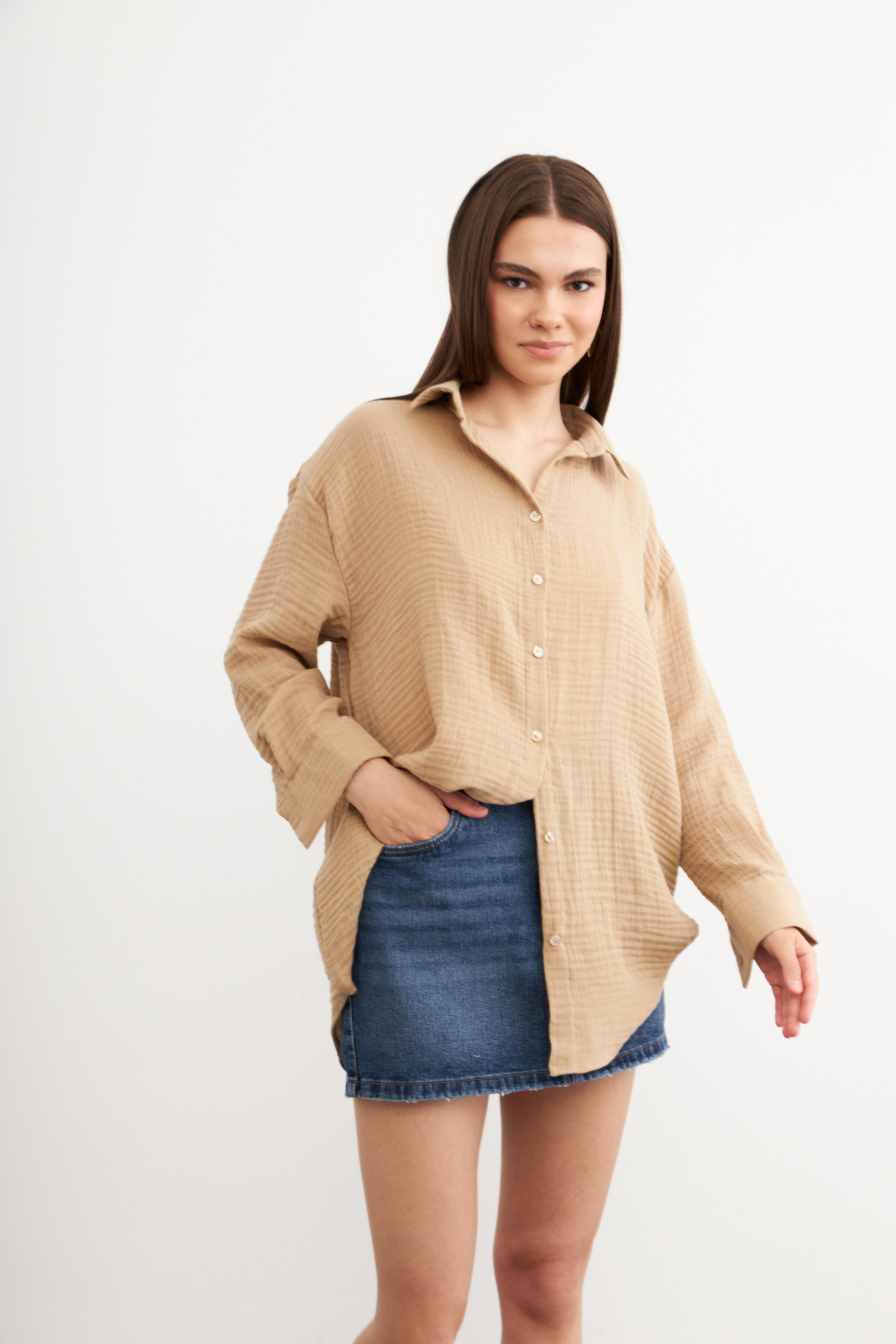 Kadın Krem Oversize Basic Müslin Gömlek