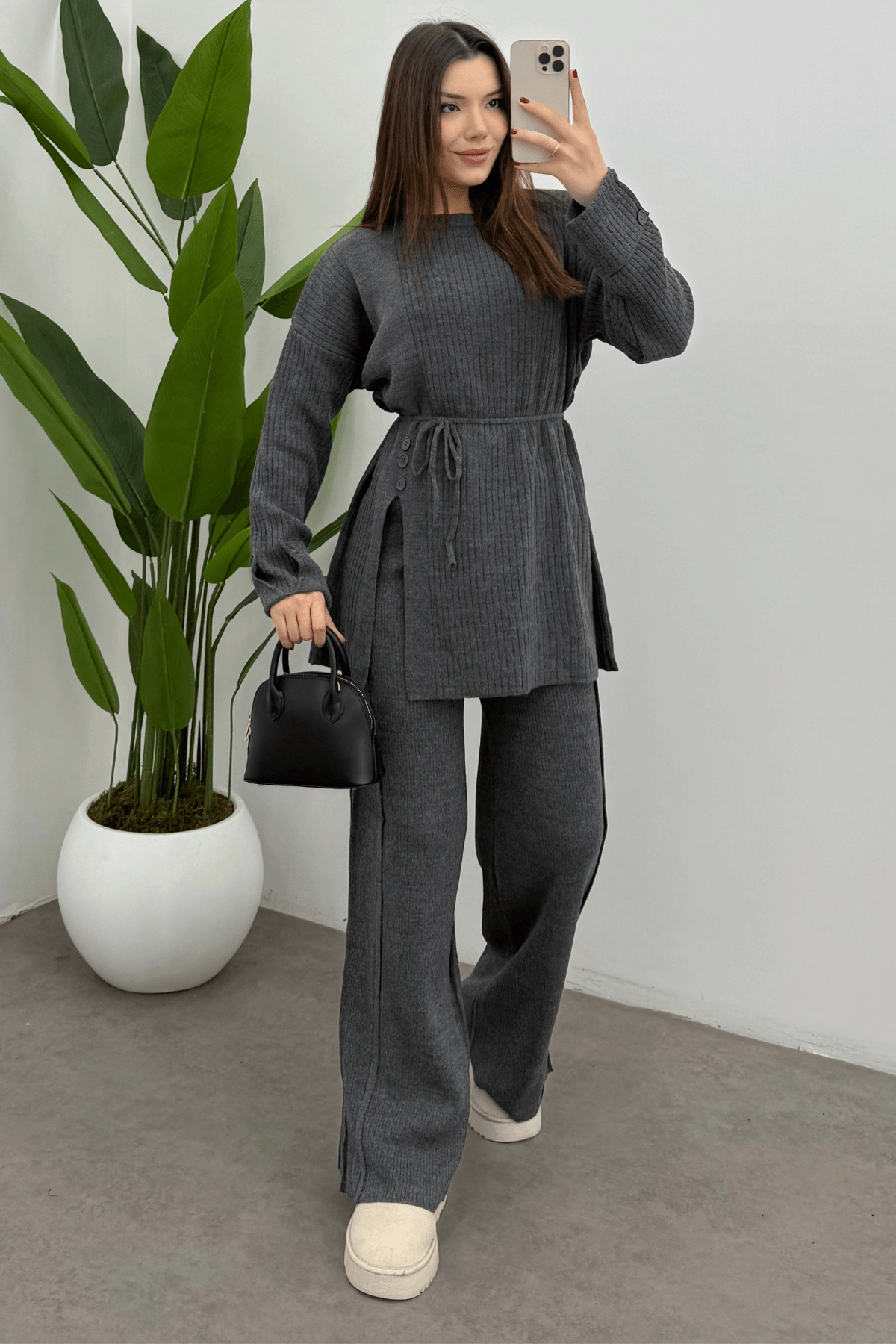 Kadın Gri Bel Bağlamalı Düğme Detaylı Fitilli Triko Kazak Pantolon İkili Takım