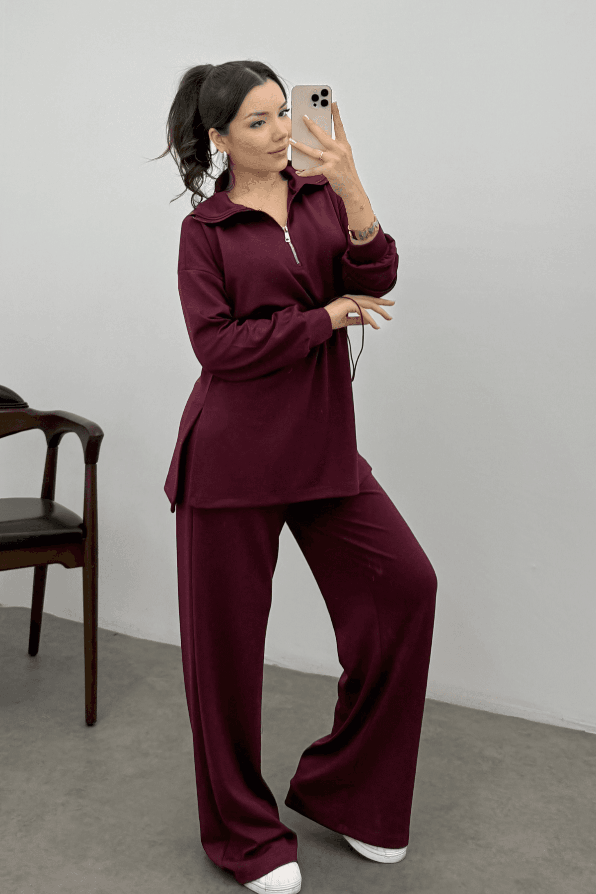 Kadın Bordo Oysho Beli Lastikli Fermuarlı Sweat Takım