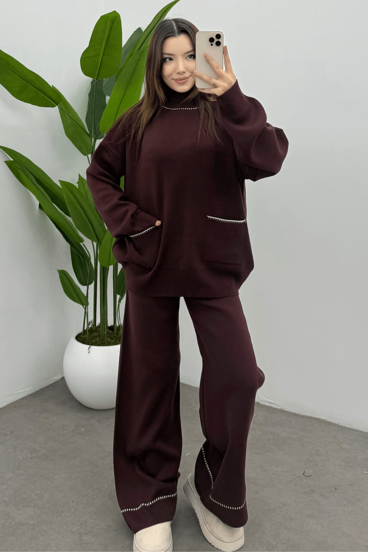 Kadın Bordo  Balıkçı Yaka Cep Detaylı Kazak Pantolon Triko Takım