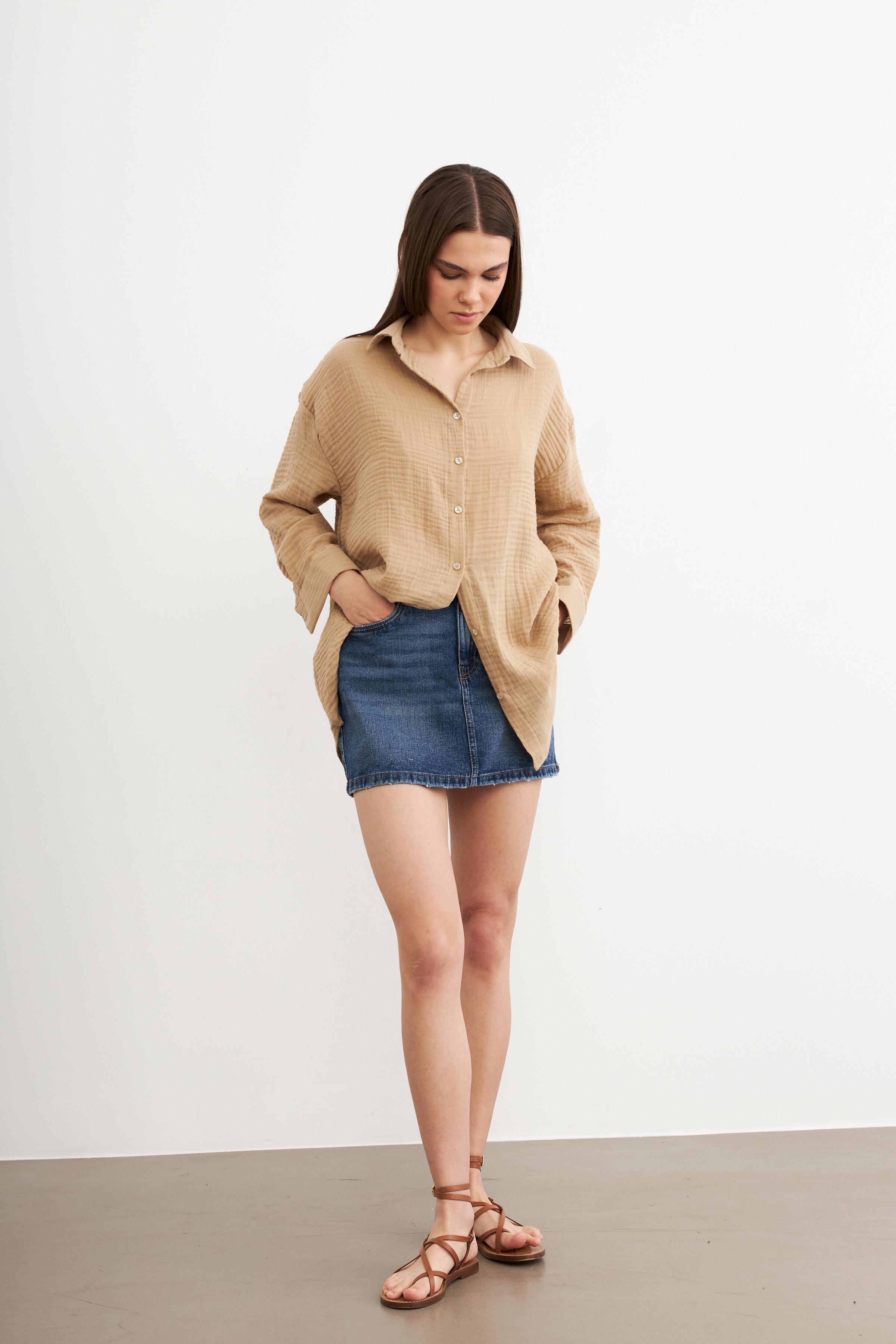 Kadın Krem Oversize Basic Müslin Gömlek