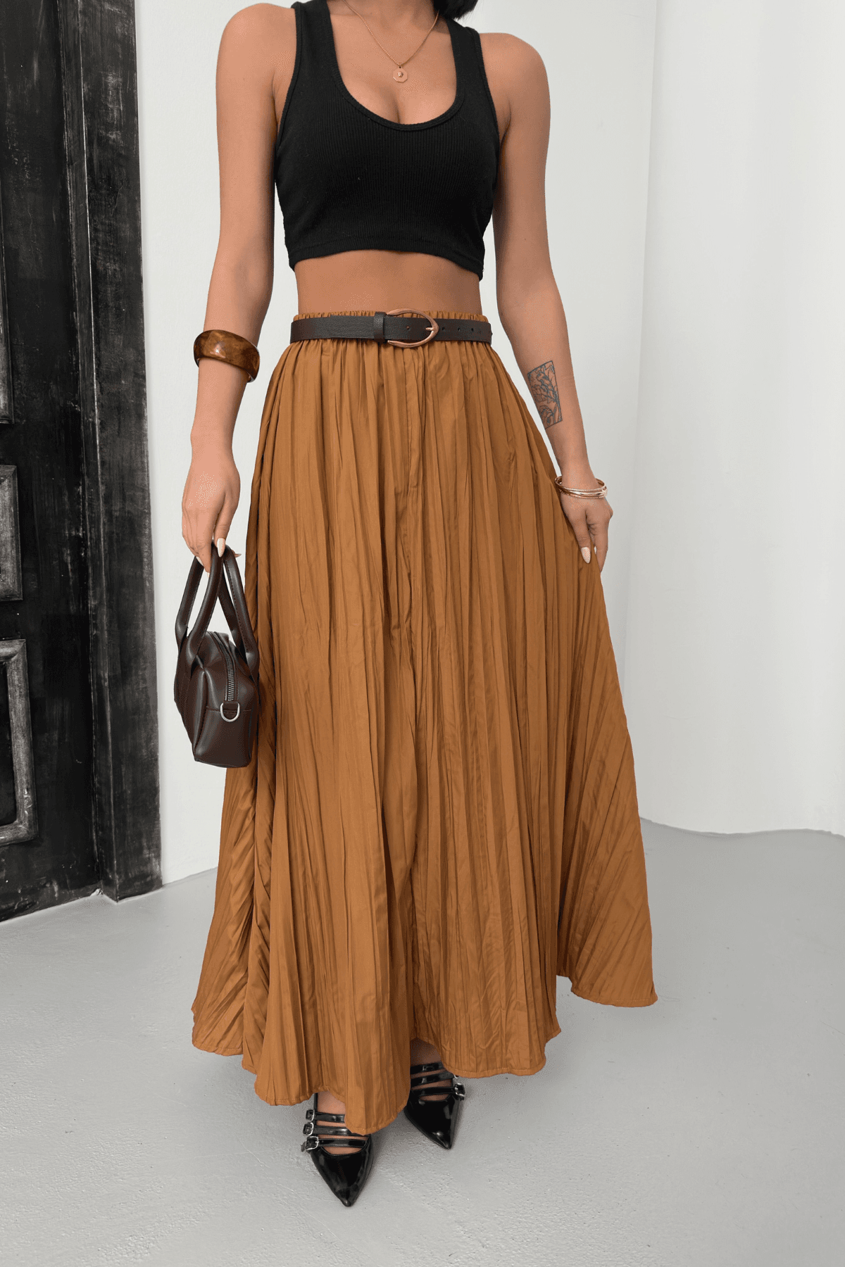 Kadın Camel Crush Efektli Uzun Kloş Etek