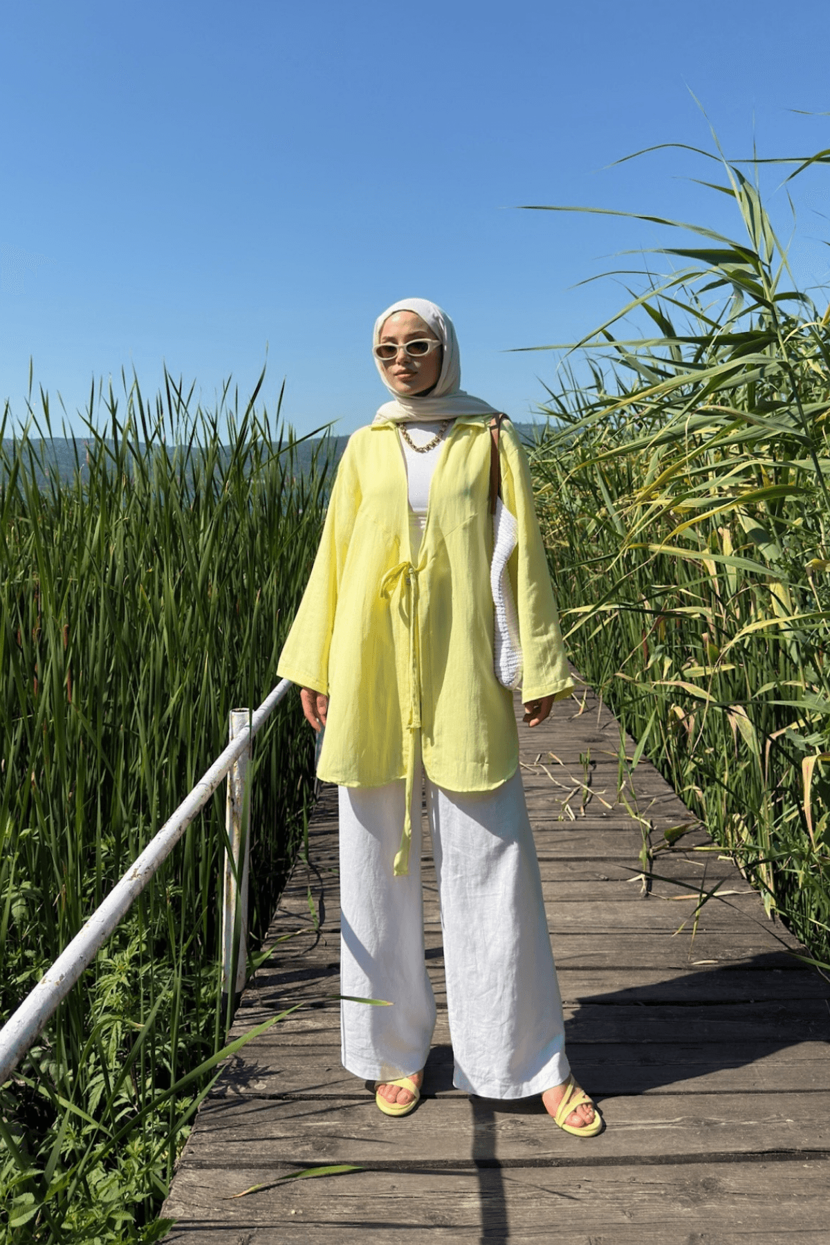 Kadın Tereyağı Sarı Bağlama Detaylı Flam Keten Kimono