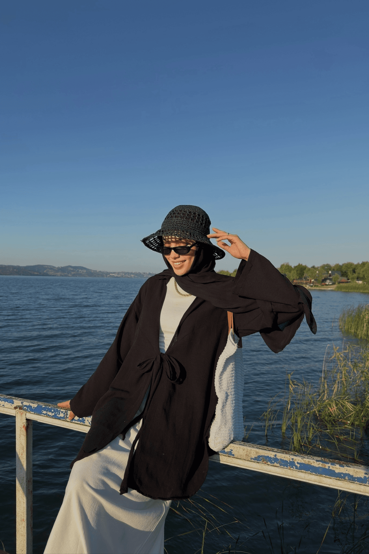 Kadın Siyah Bağlama Detaylı Flam Keten Kimono