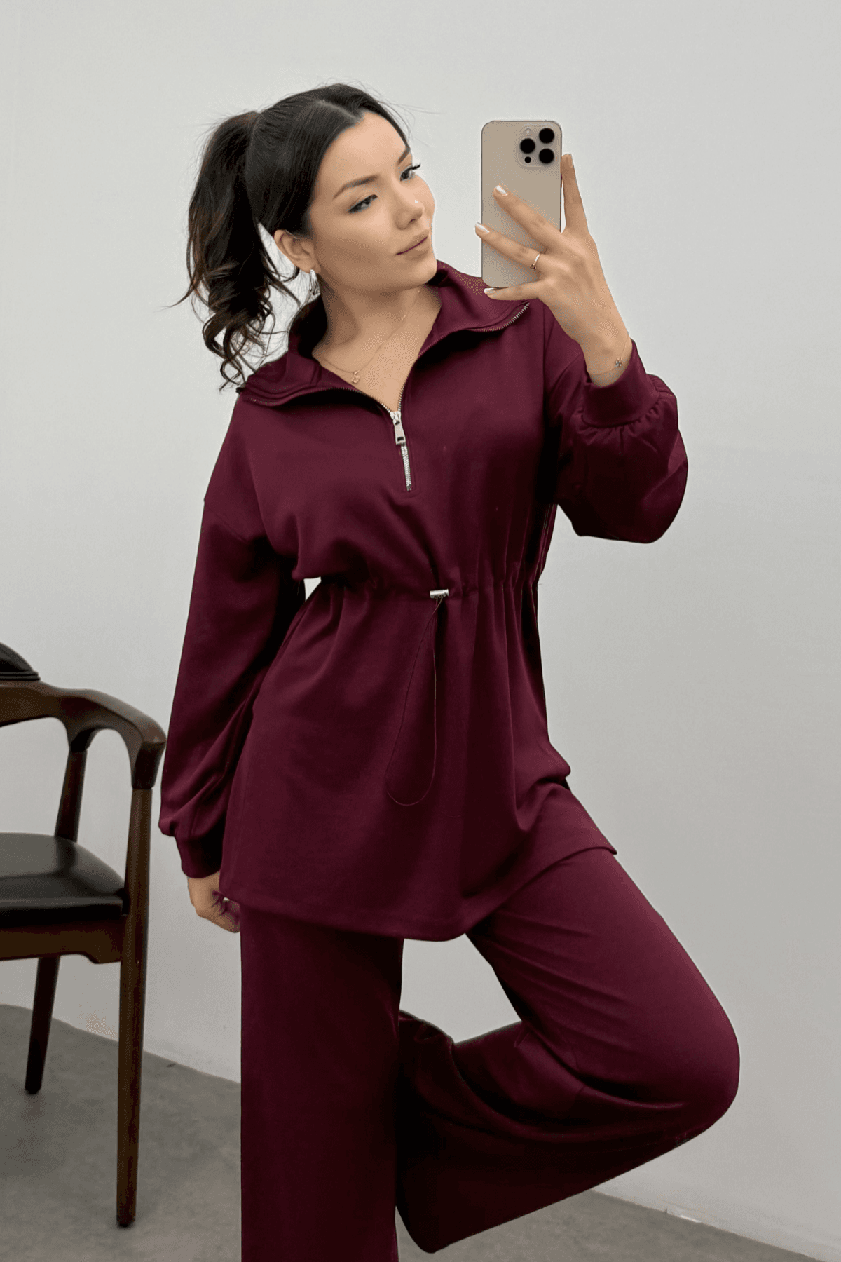 Kadın Bordo Oysho Beli Lastikli Fermuarlı Sweat Takım