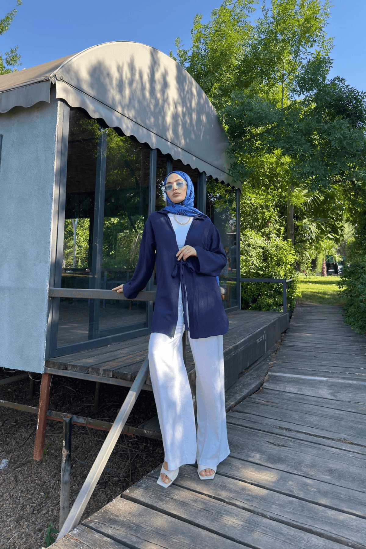 Kadın Lacivert Bağlama Detaylı Flam Keten Kimono