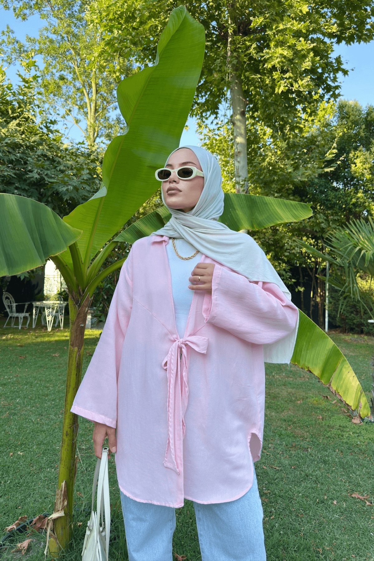 Kadın Pembe Bağlama Detaylı Flam Keten Kimono