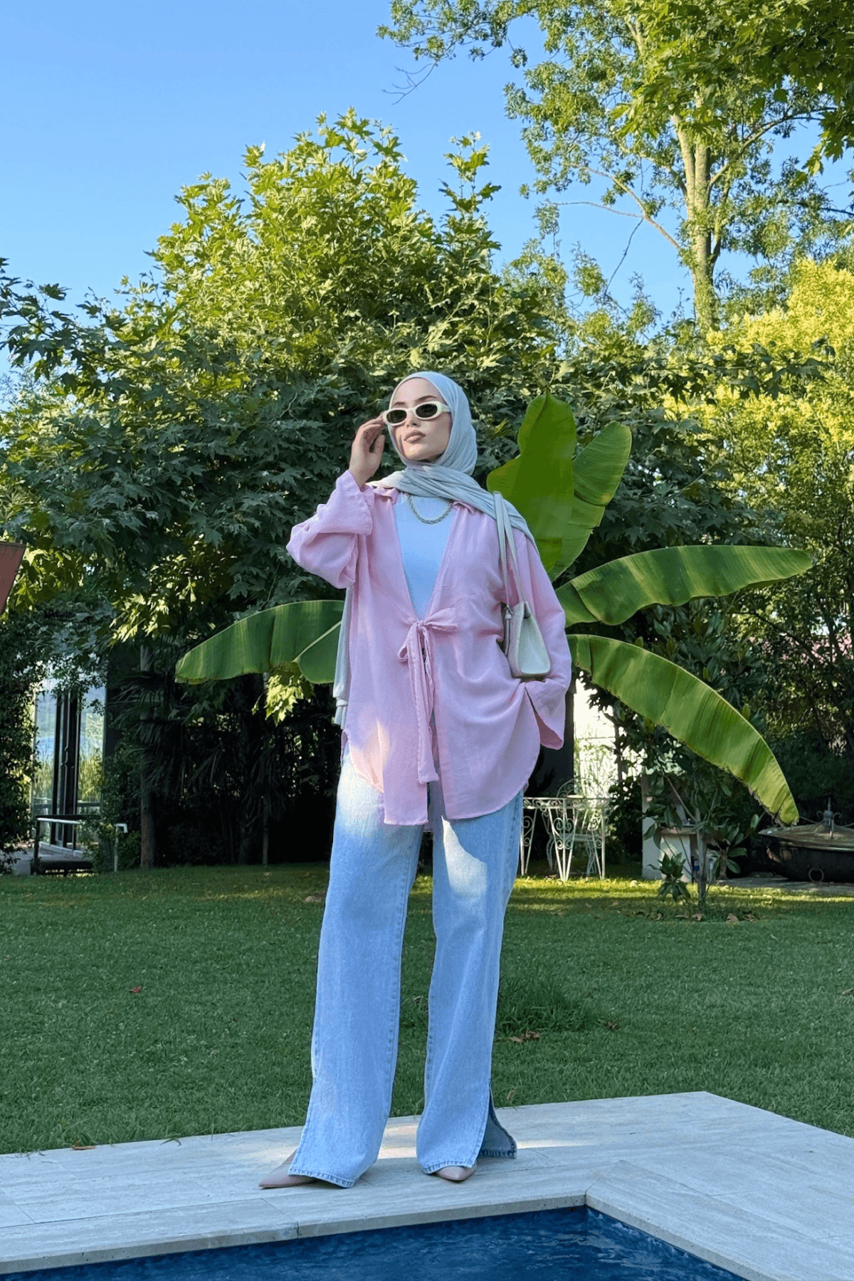Kadın Pembe Bağlama Detaylı Flam Keten Kimono