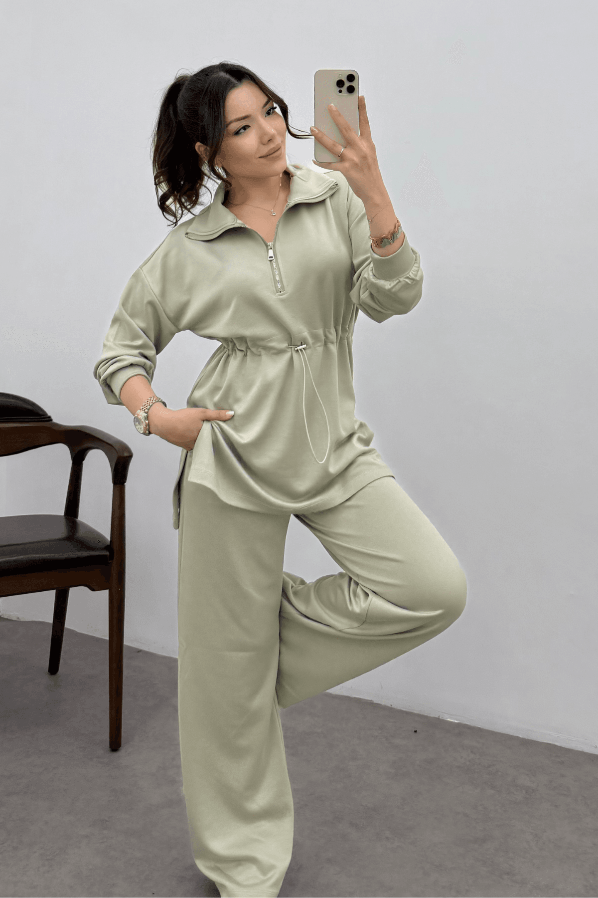 Kadın Soluk Haki Oysho Beli Lastikli Fermuarlı Sweat Takım