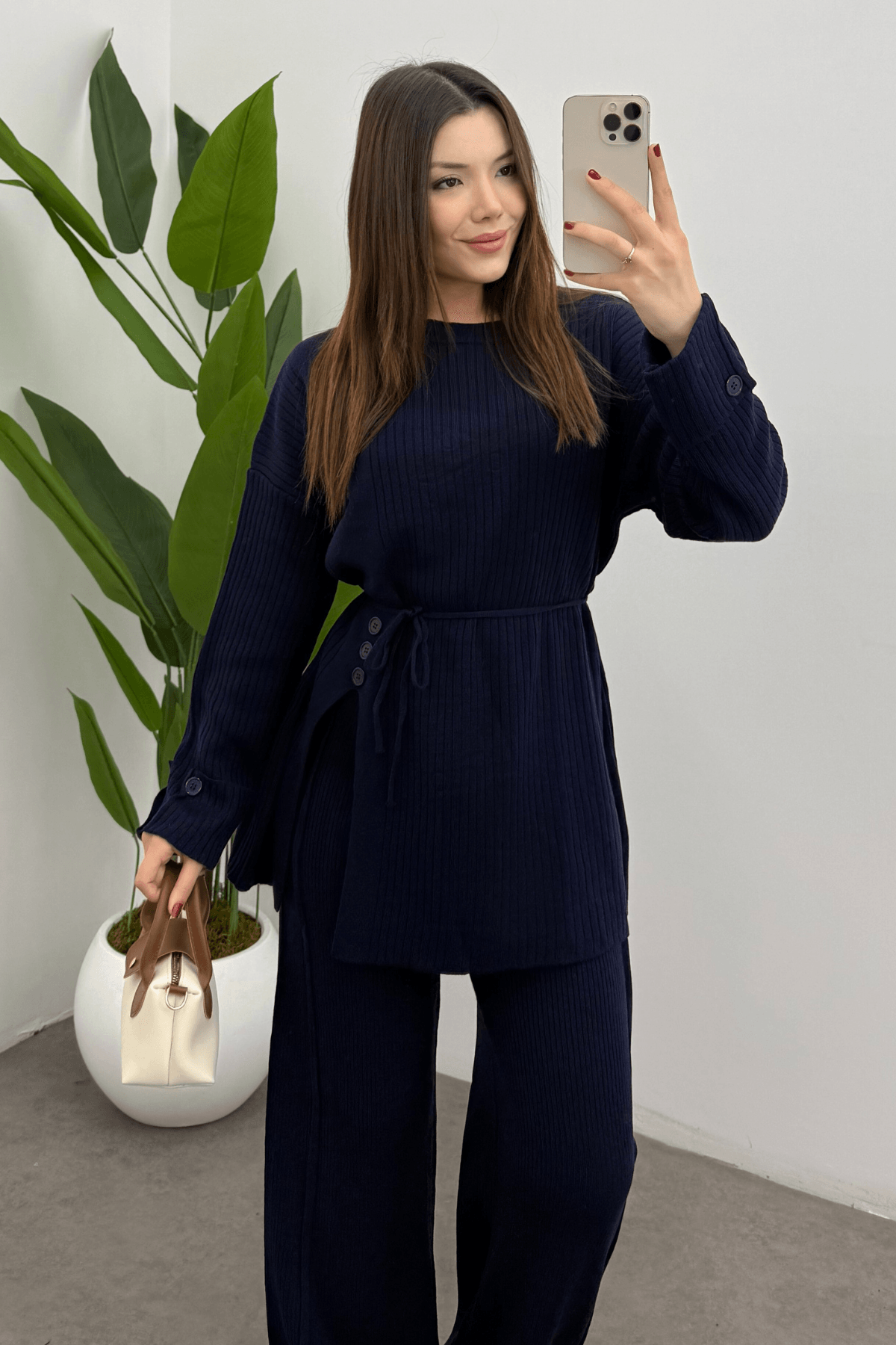 Kadın Lacivert Bel Bağlamalı Düğme Detaylı Fitilli Triko Kazak Pantolon İkili Takım