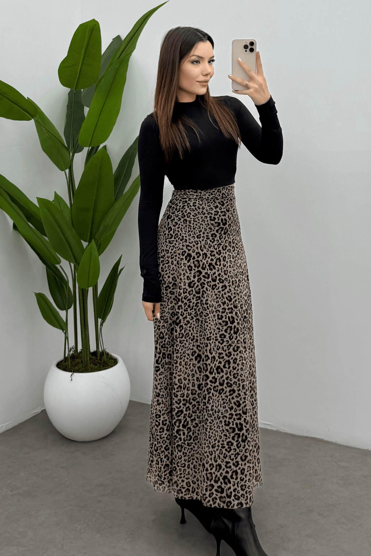 Kadın Kahverengi Nokta Leopar Baskılı  Arka Lastik Detaylı Fermuarlı Tül Etek