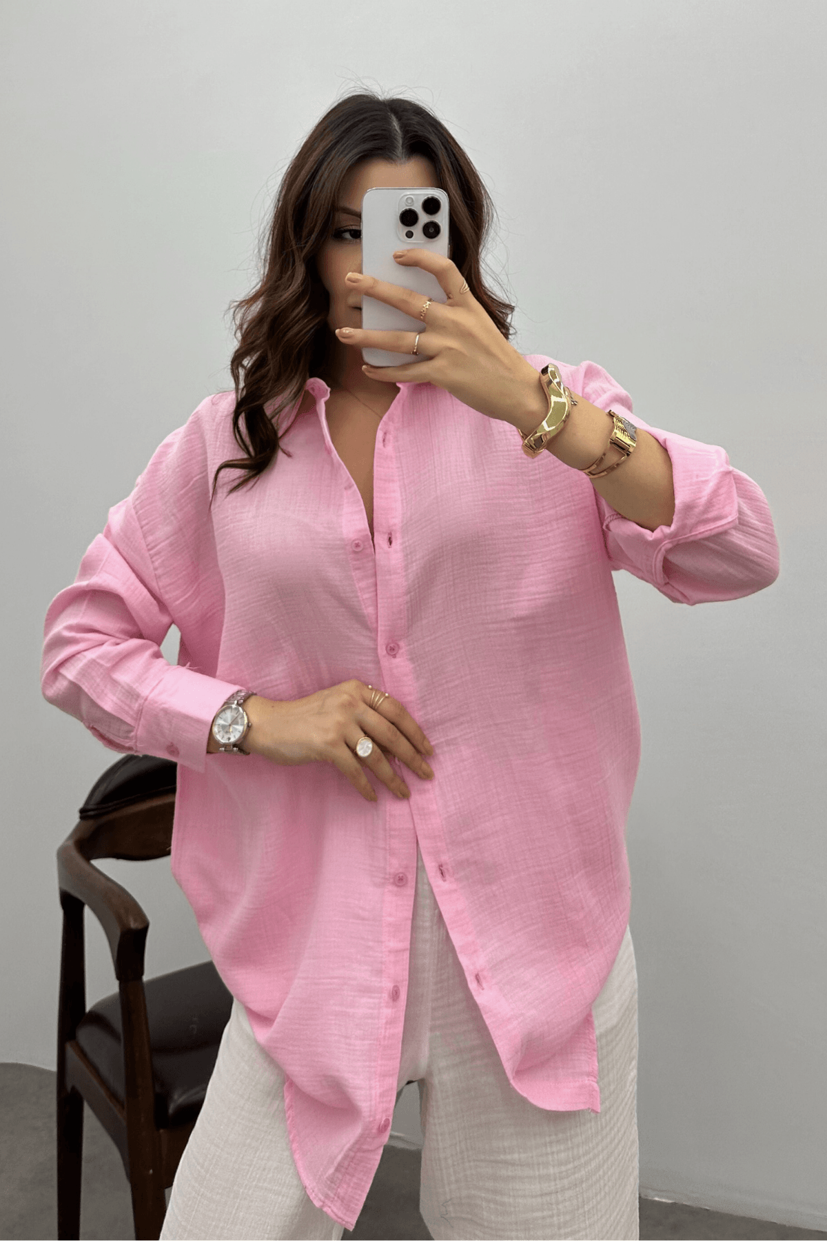 Kadın Pembe Oversize Basic Müslin Gömlek
