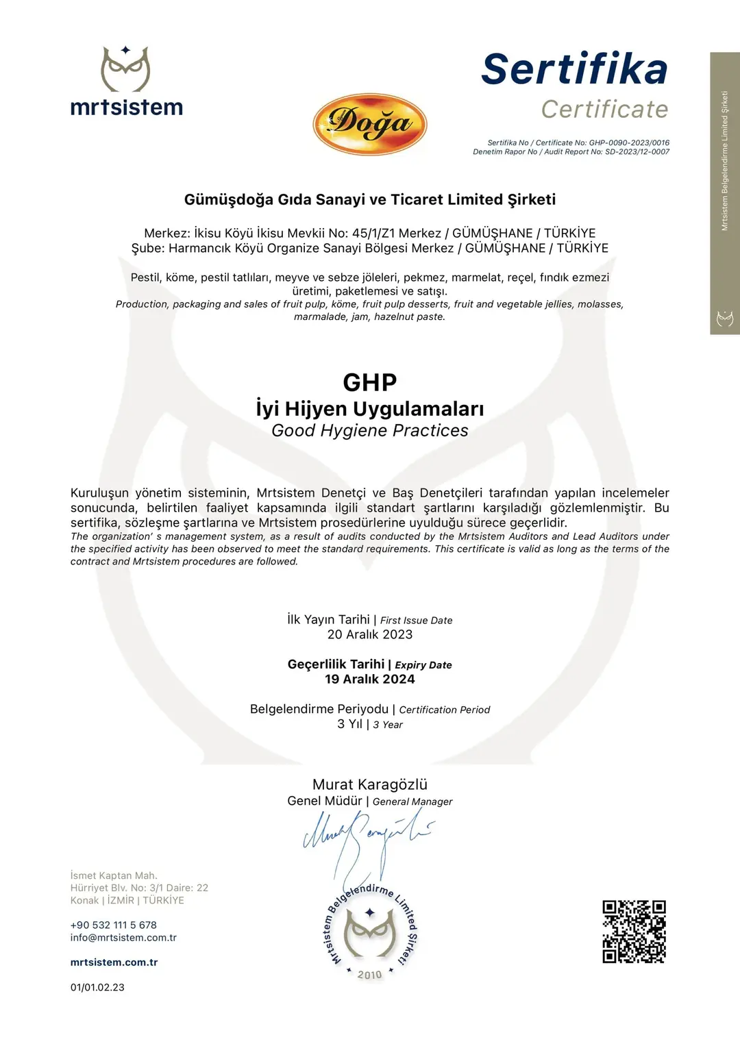 GHP – İyi Hijyen Uygulamaları Sertifikası