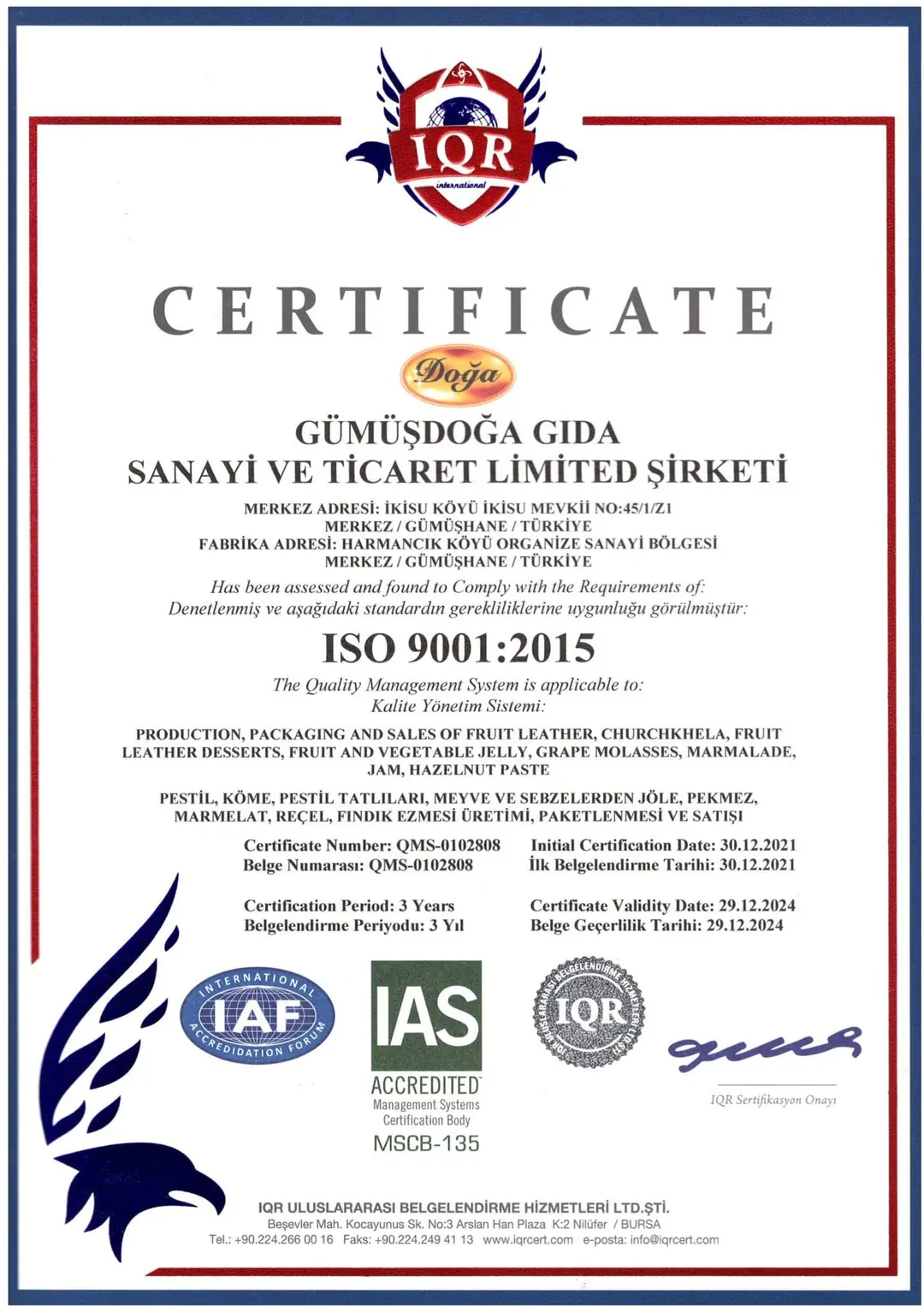 ISO 9001:2015 – Kalite Yönetim Sistemi Sertifikası