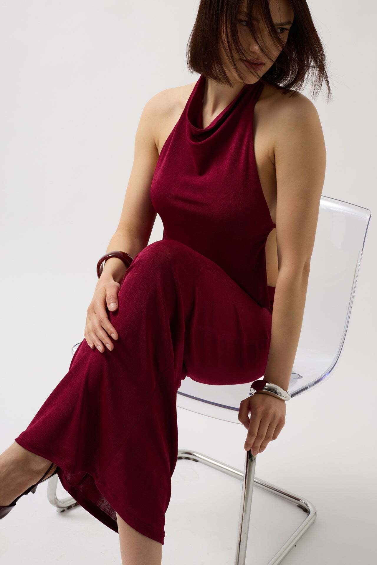 Yarım Balıkçı Sırt Dekolte Crop Bordo Bluz