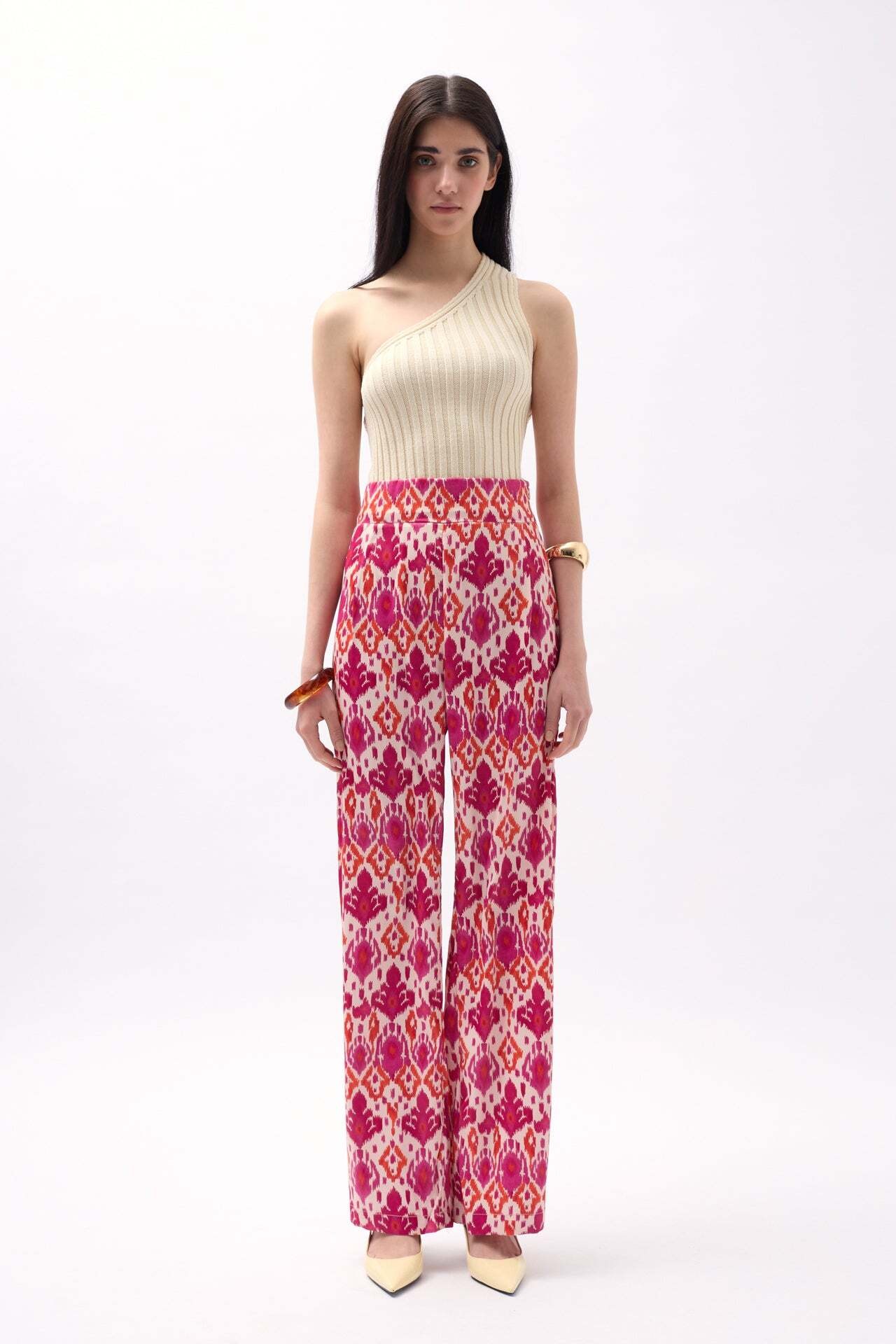 Desenli Saten Pembe Pantolon