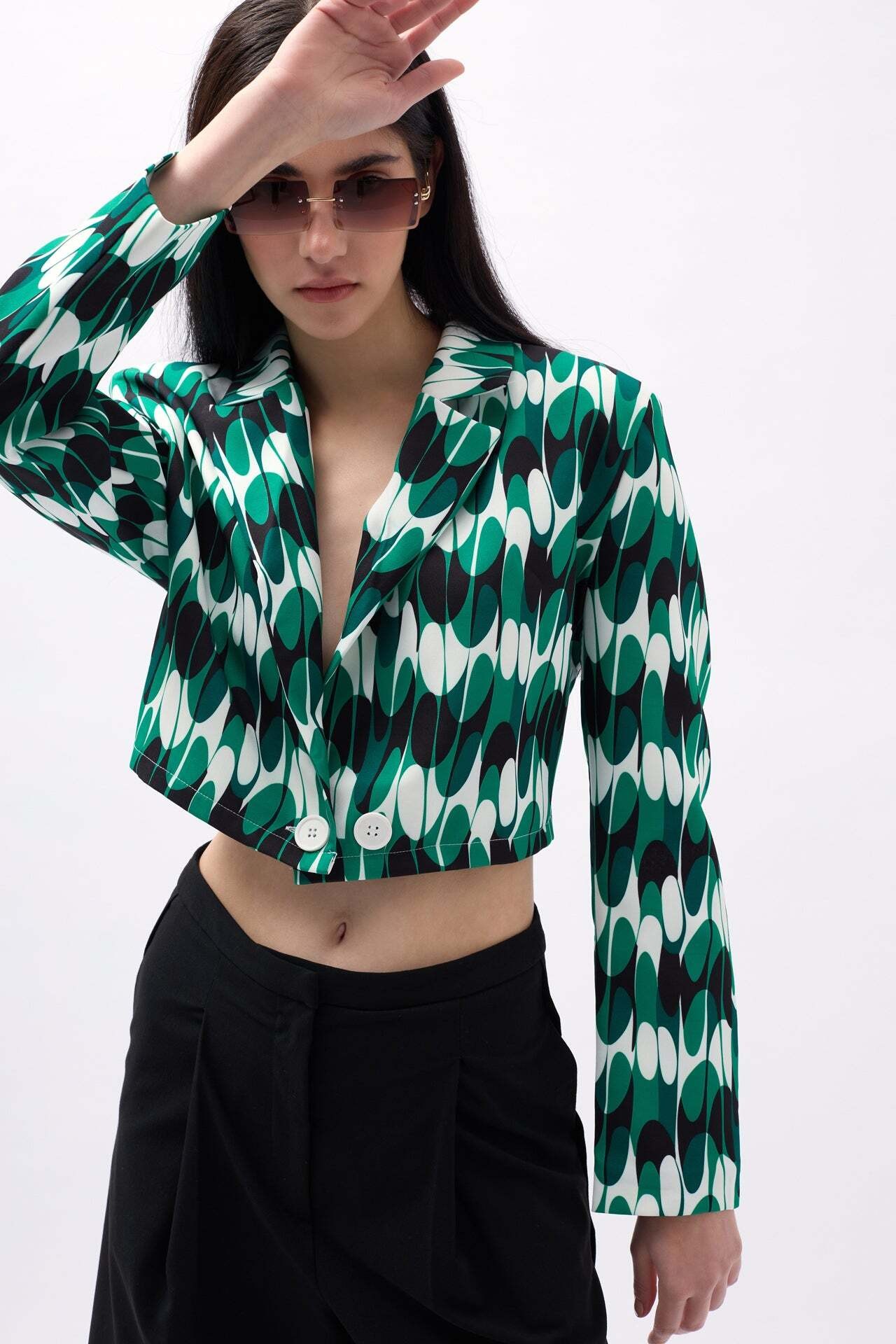 Desenli Yeşil Crop Ceket
