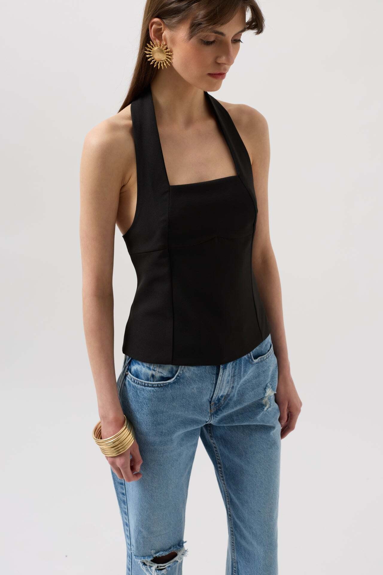 Kalın Askılı Crop Siyah Bluz