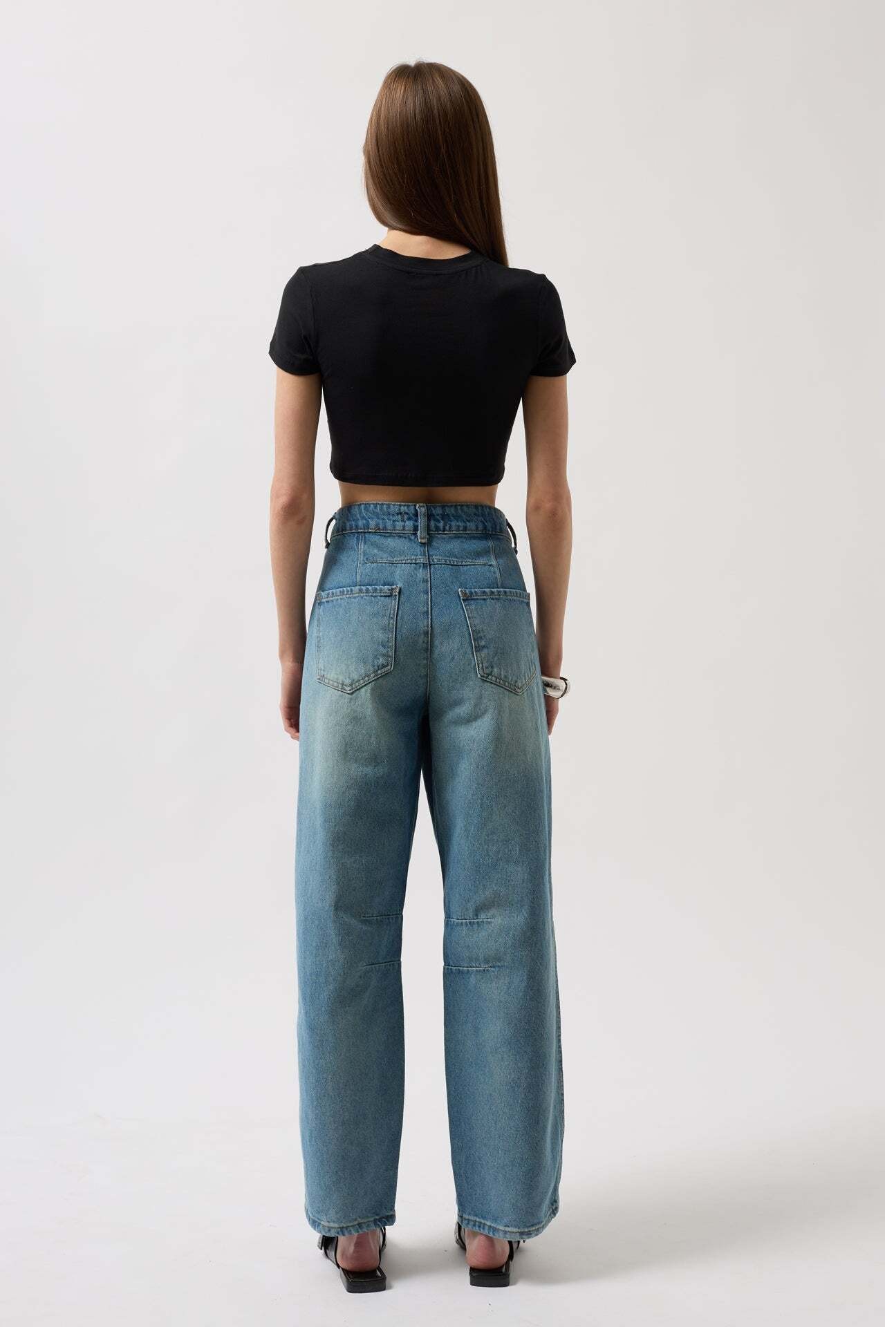 Dikiş Detay Wide Leg Mavi Jean