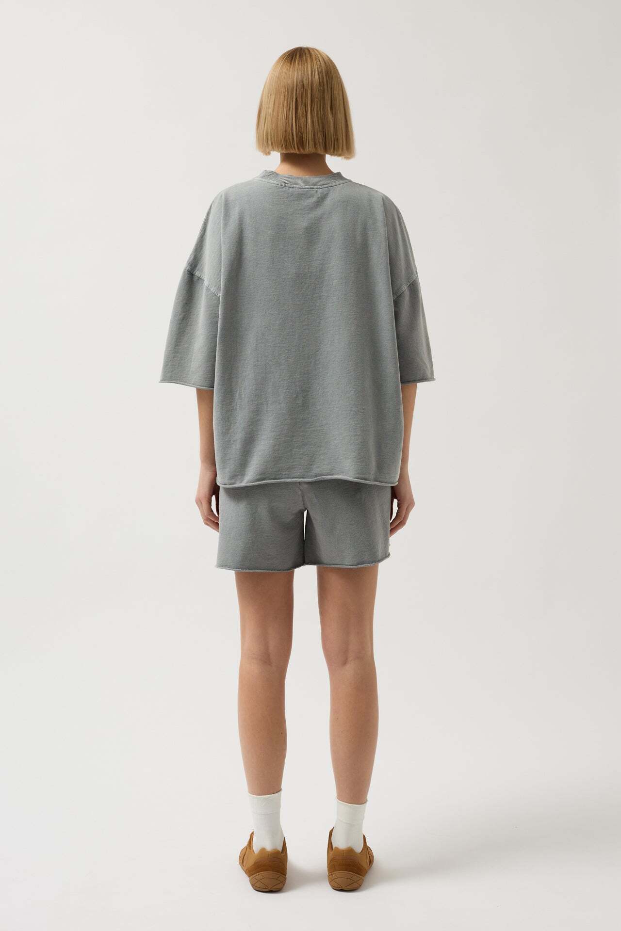 Oversize Lazer Kesim Bisiklet Yaka Gri T-Shirt