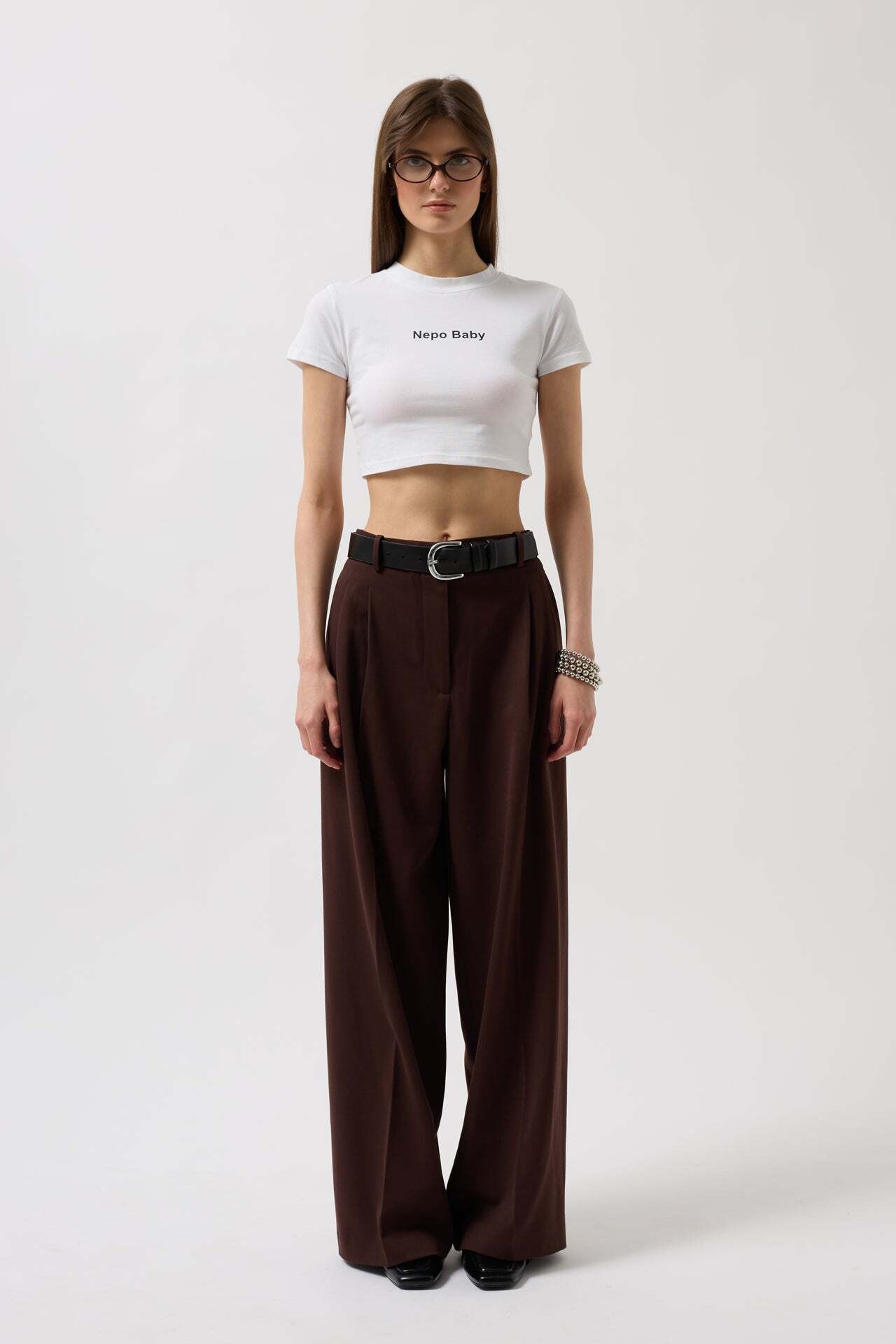 Nepo Baskılı Crop Beyaz T-Shirt