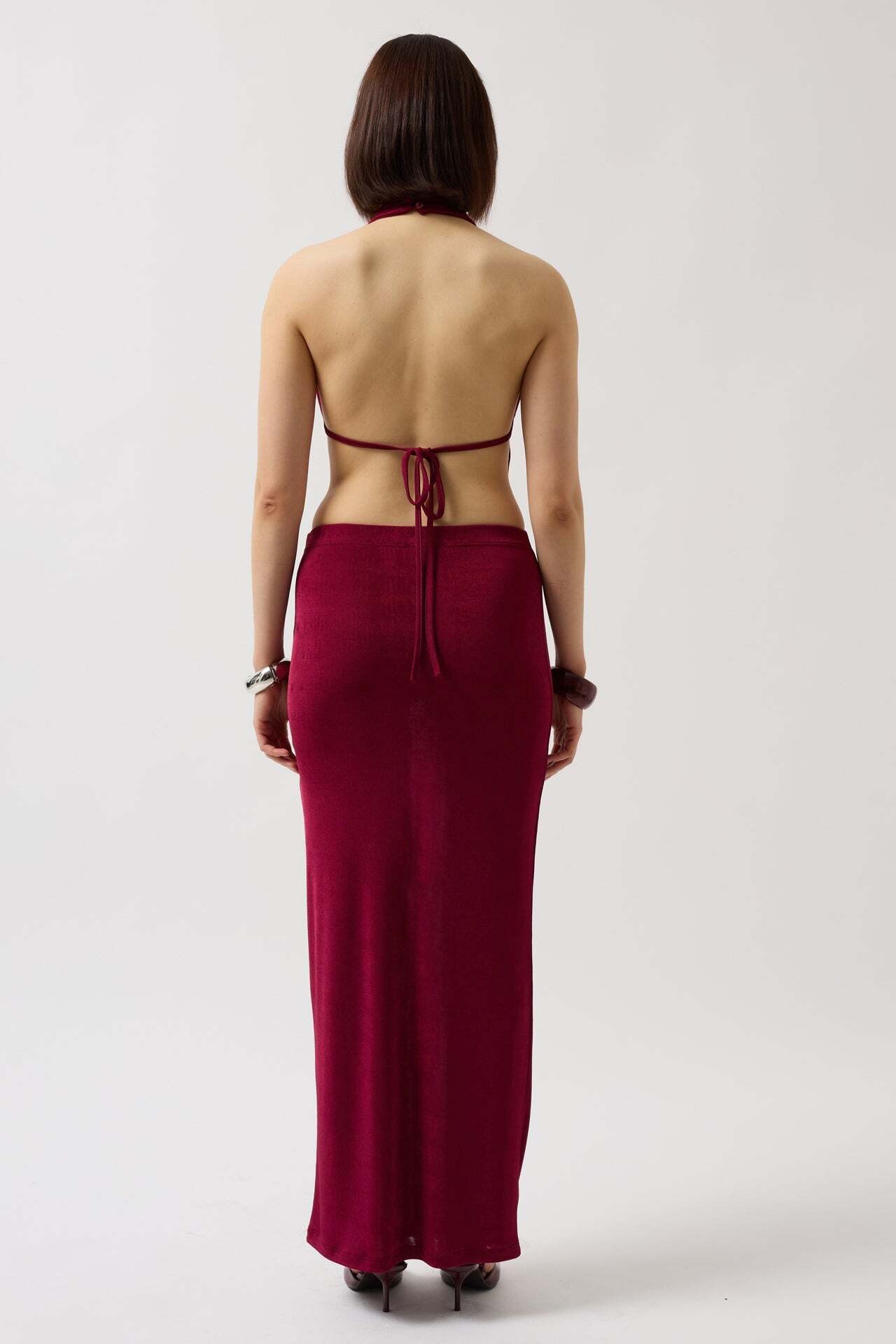 Yarım Balıkçı Sırt Dekolte Crop Bordo Bluz