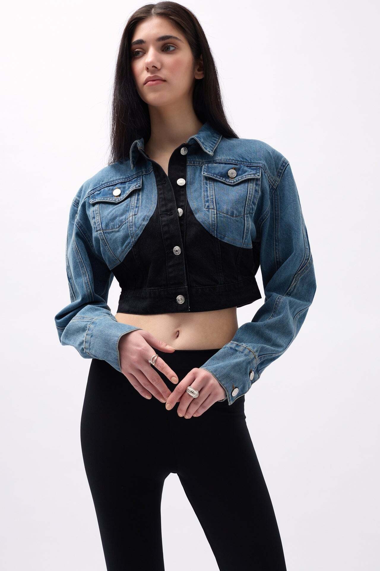 Çift Renkli Crop Mavi Siyah Kot Ceket