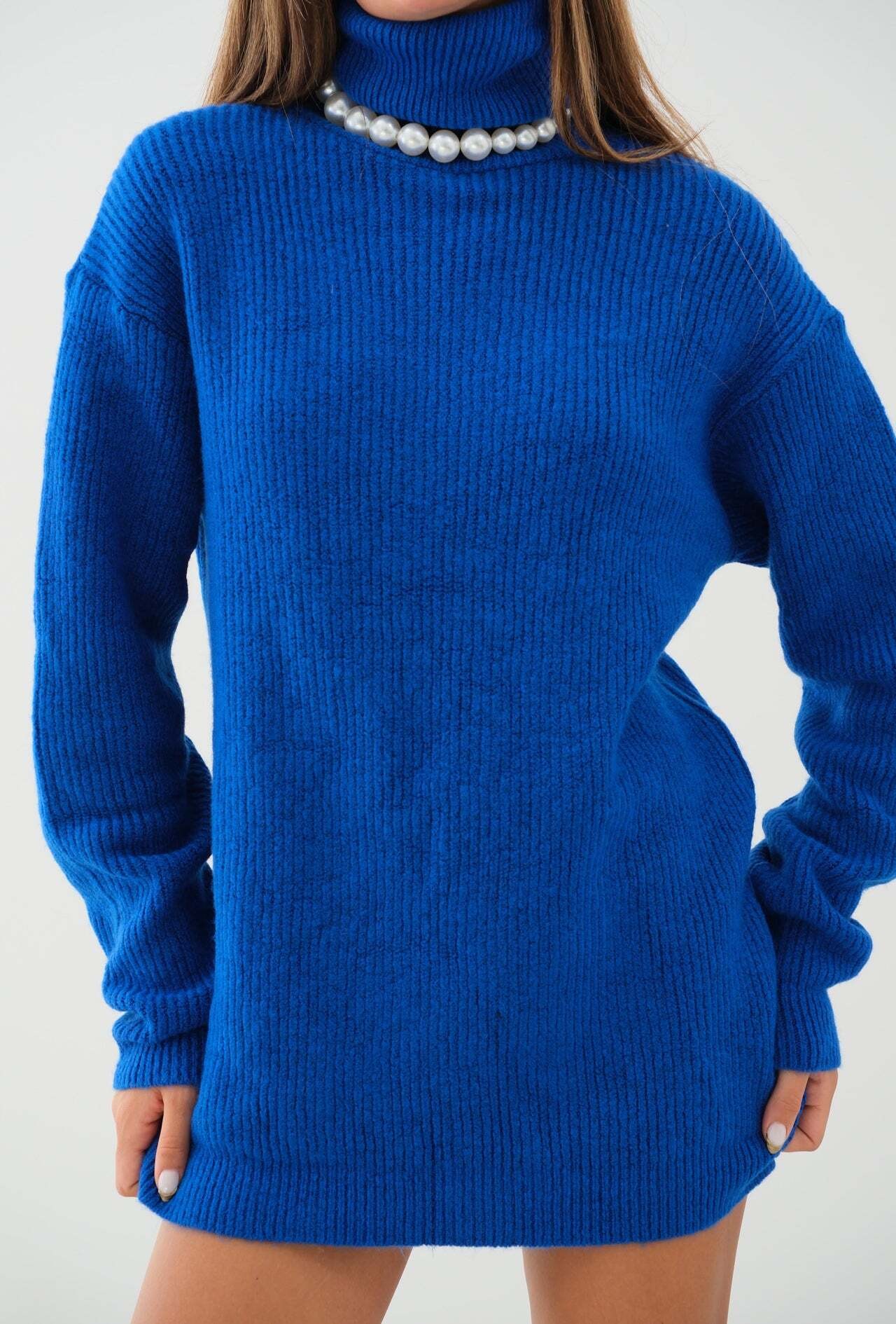 Oversize Balıkçı Yaka Mavi Triko Tunik