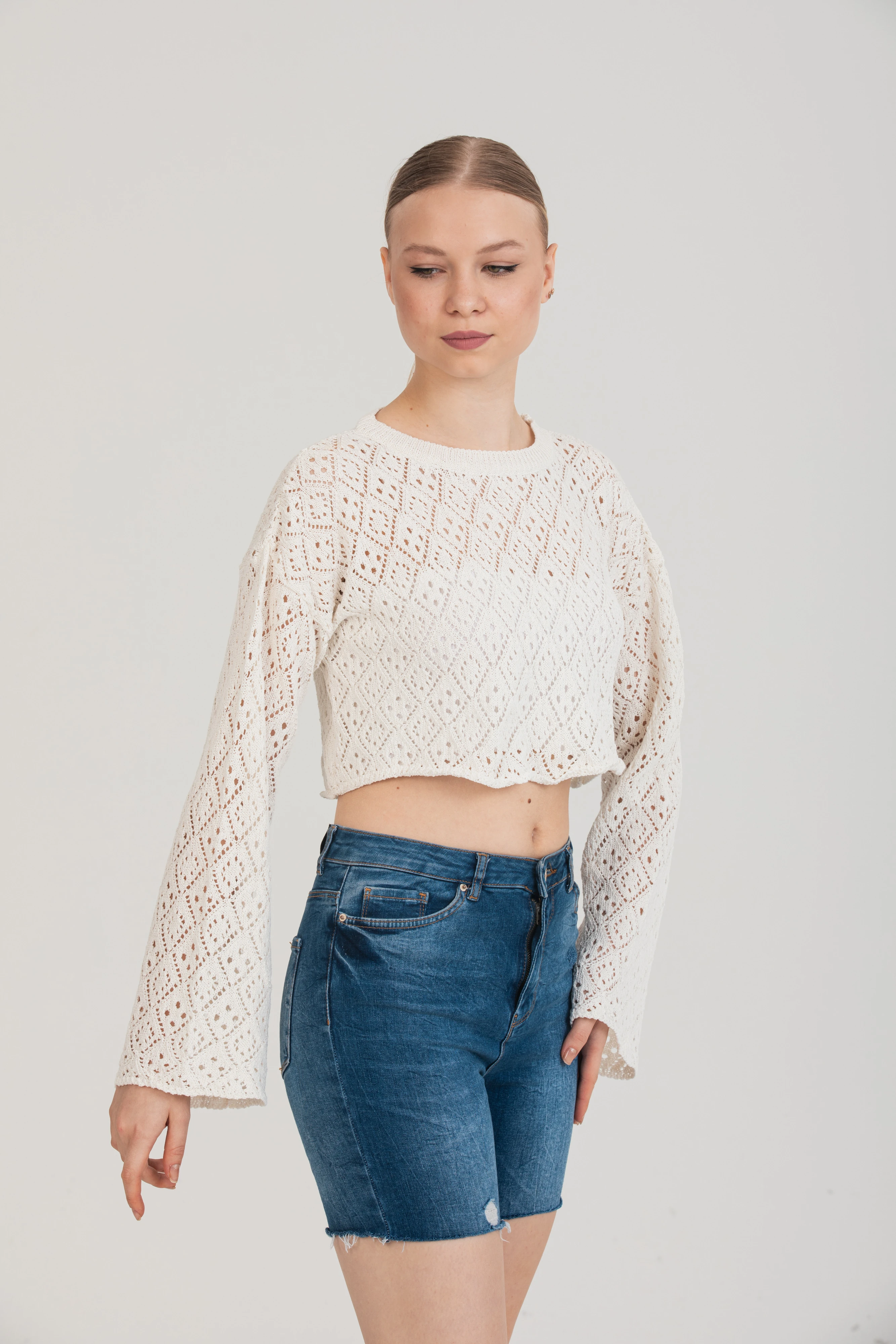 Bisiklet Yaka Ekru Renk Ajurlu Desenli Kazak