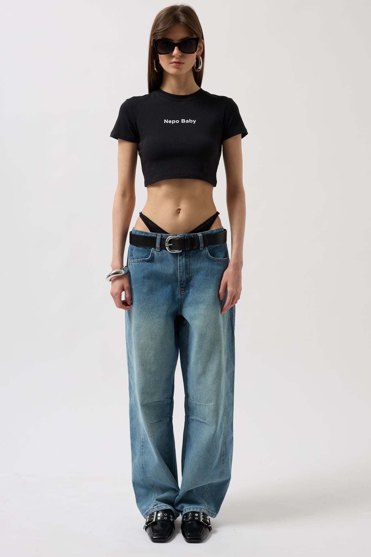 Nepo Baskılı Crop Siyah T-Shirt
