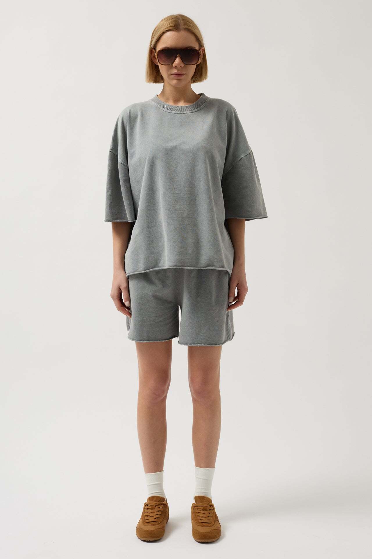 Oversize Lazer Kesim Bisiklet Yaka Gri T-Shirt