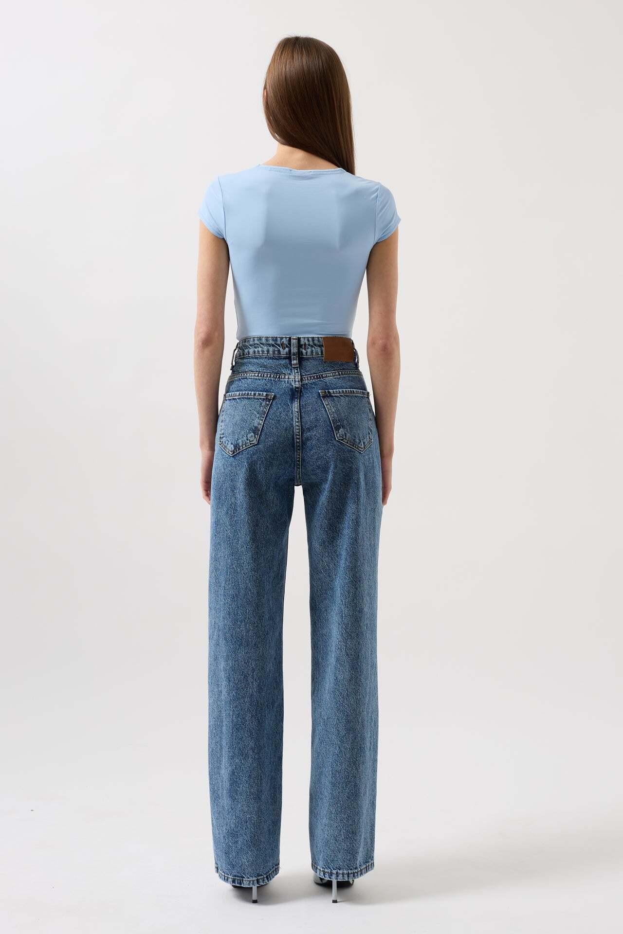 Baskılı Düşük Bel Mavi Jean