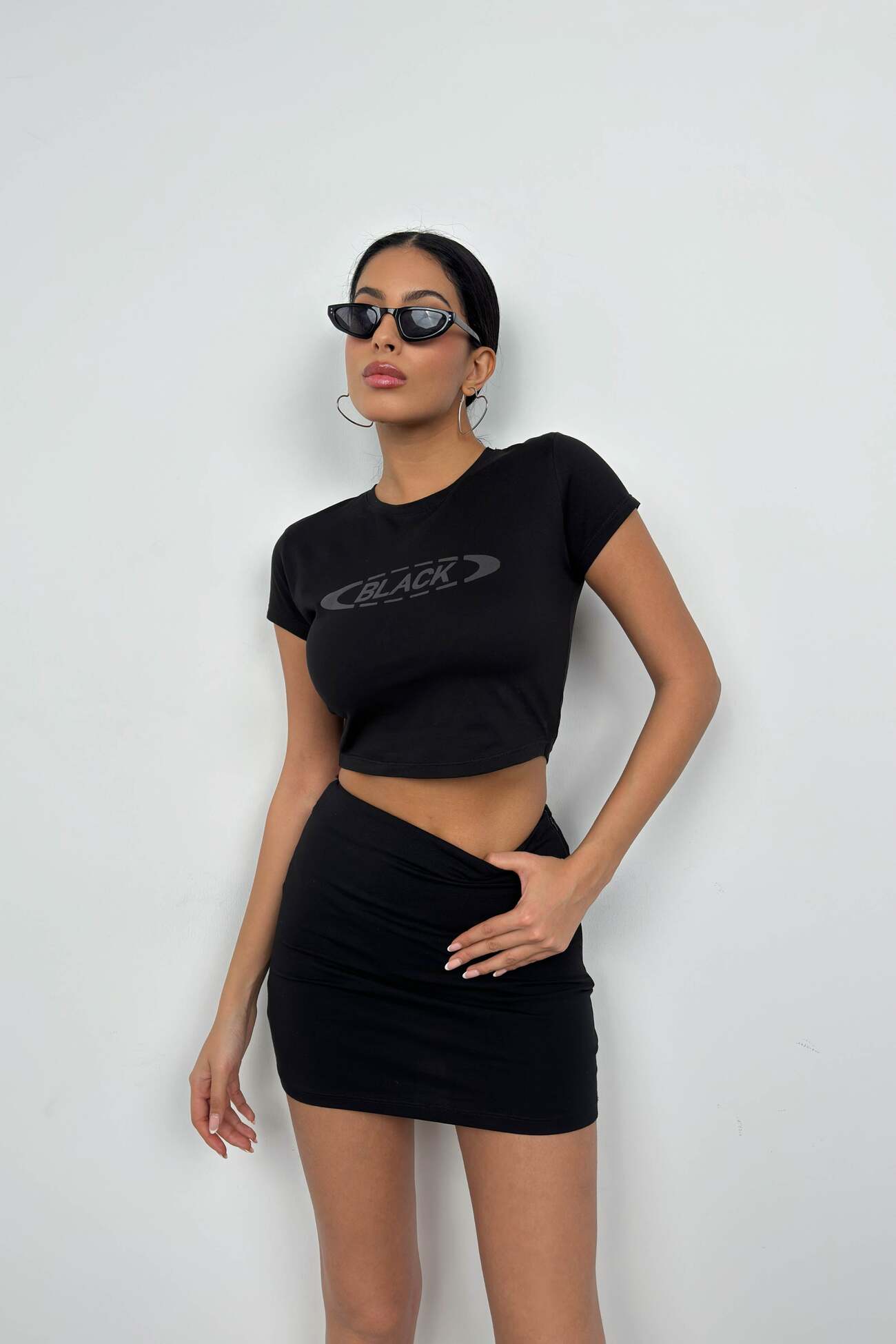 Kabartma Baskılı Likralı Siyah T-Shirt