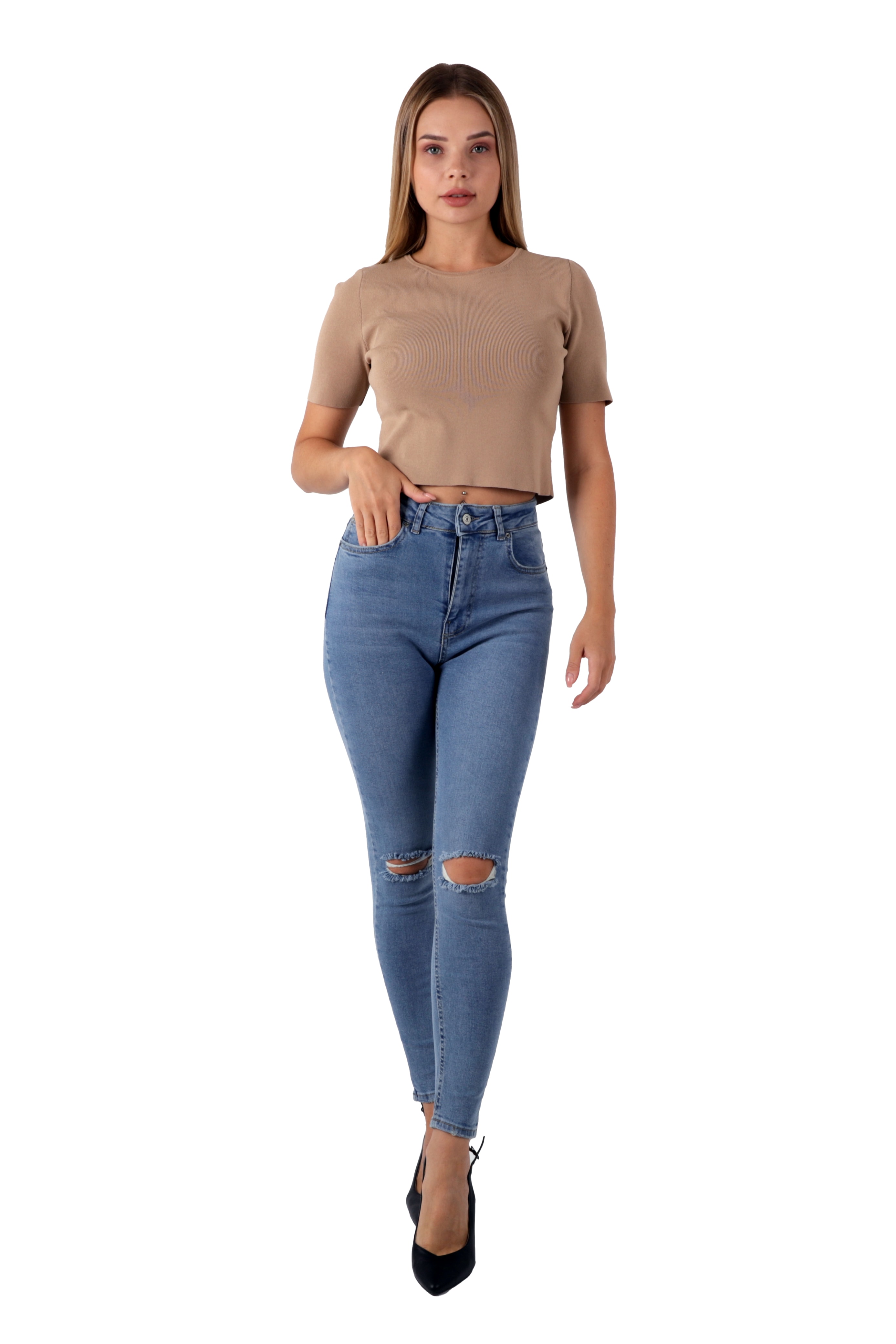 MAVİ RENK DAR PAÇA DİZ YIRTIK YÜKSEK BEL KOT PANTALON