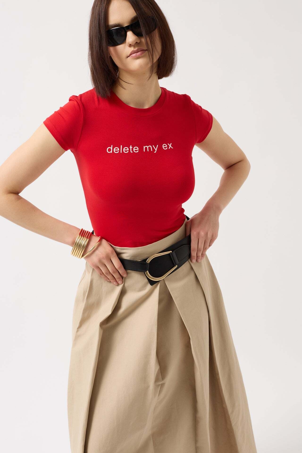Baskılı Likralı Crop Kırmızı T-Shirt