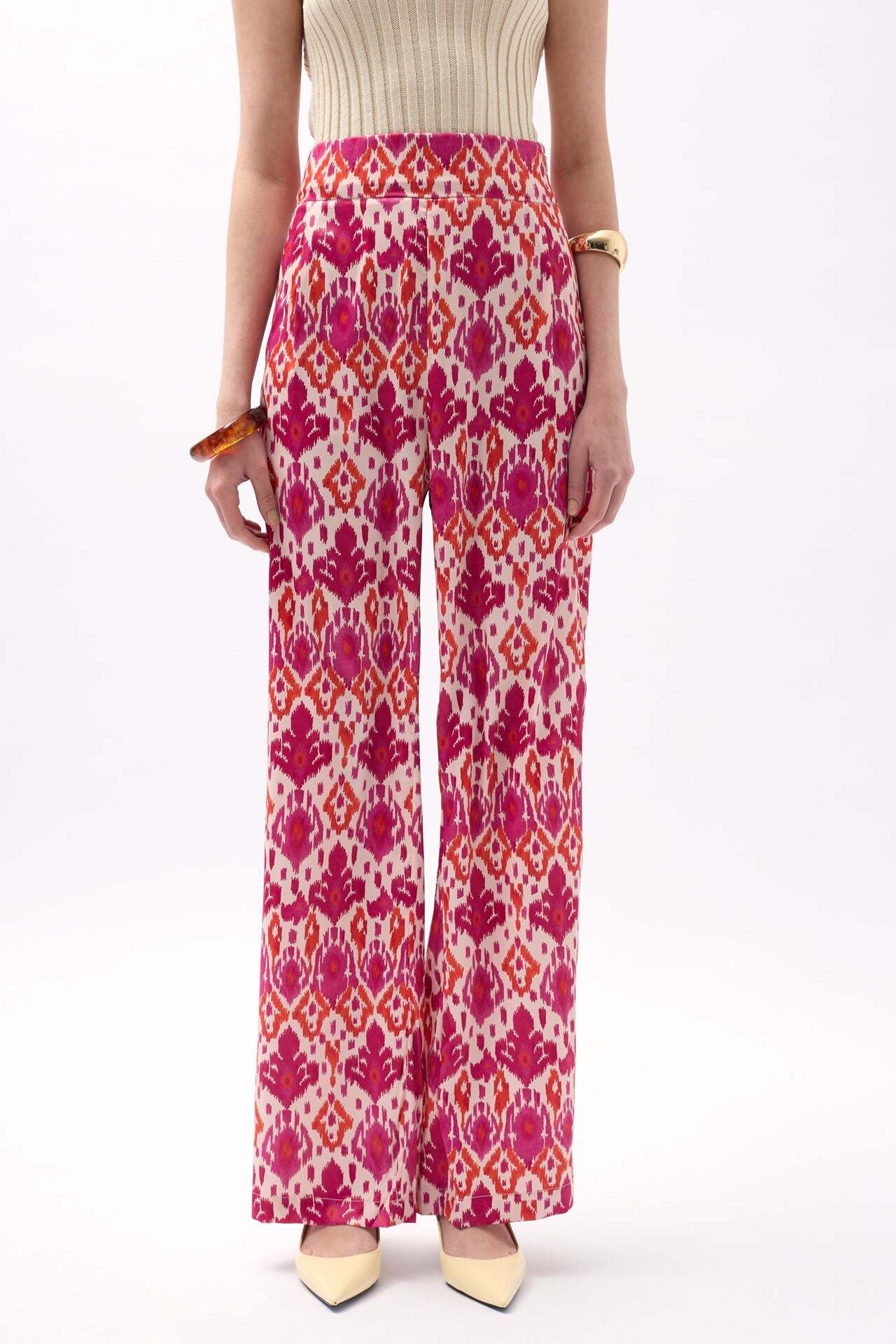 Desenli Saten Pembe Pantolon