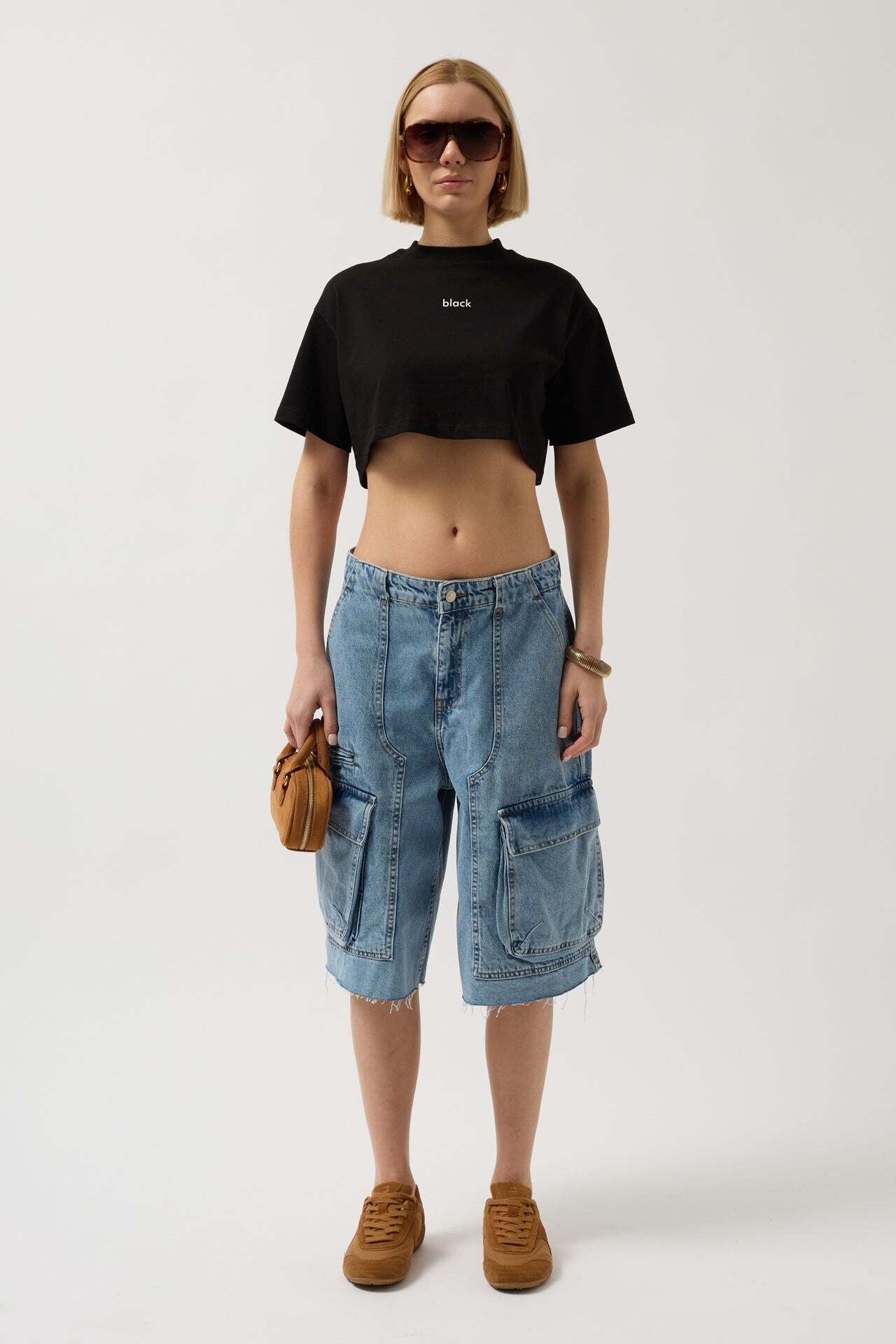 Baskılı Crop Siyah T-Shirt