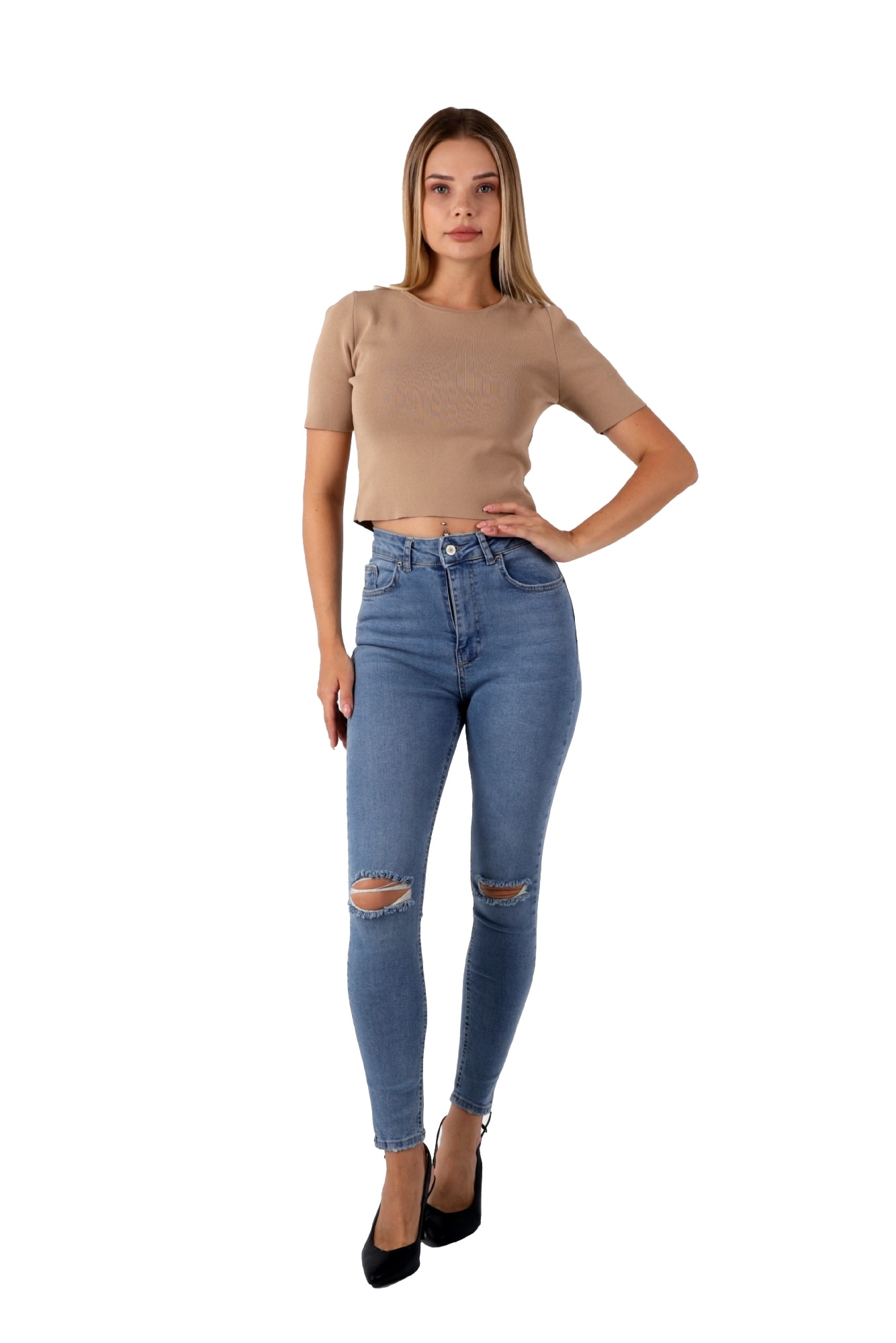 MAVİ RENK DAR PAÇA DİZ YIRTIK YÜKSEK BEL KOT PANTALON