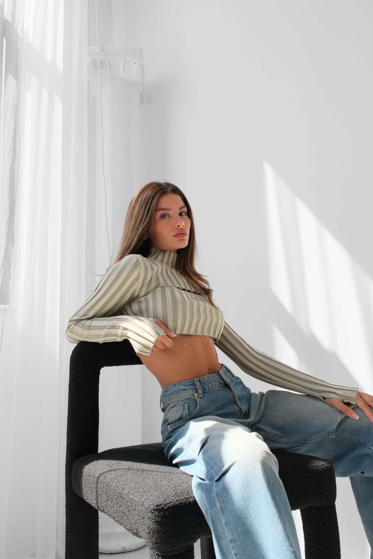 Balıkçı Yaka Bej Triko Crop