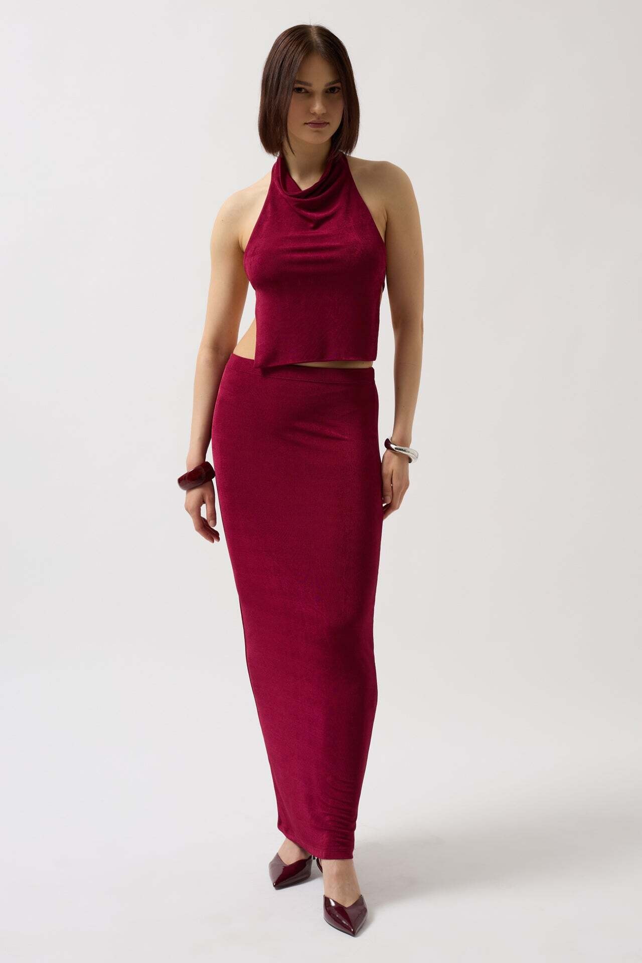 Yarım Balıkçı Sırt Dekolte Crop Bordo Bluz