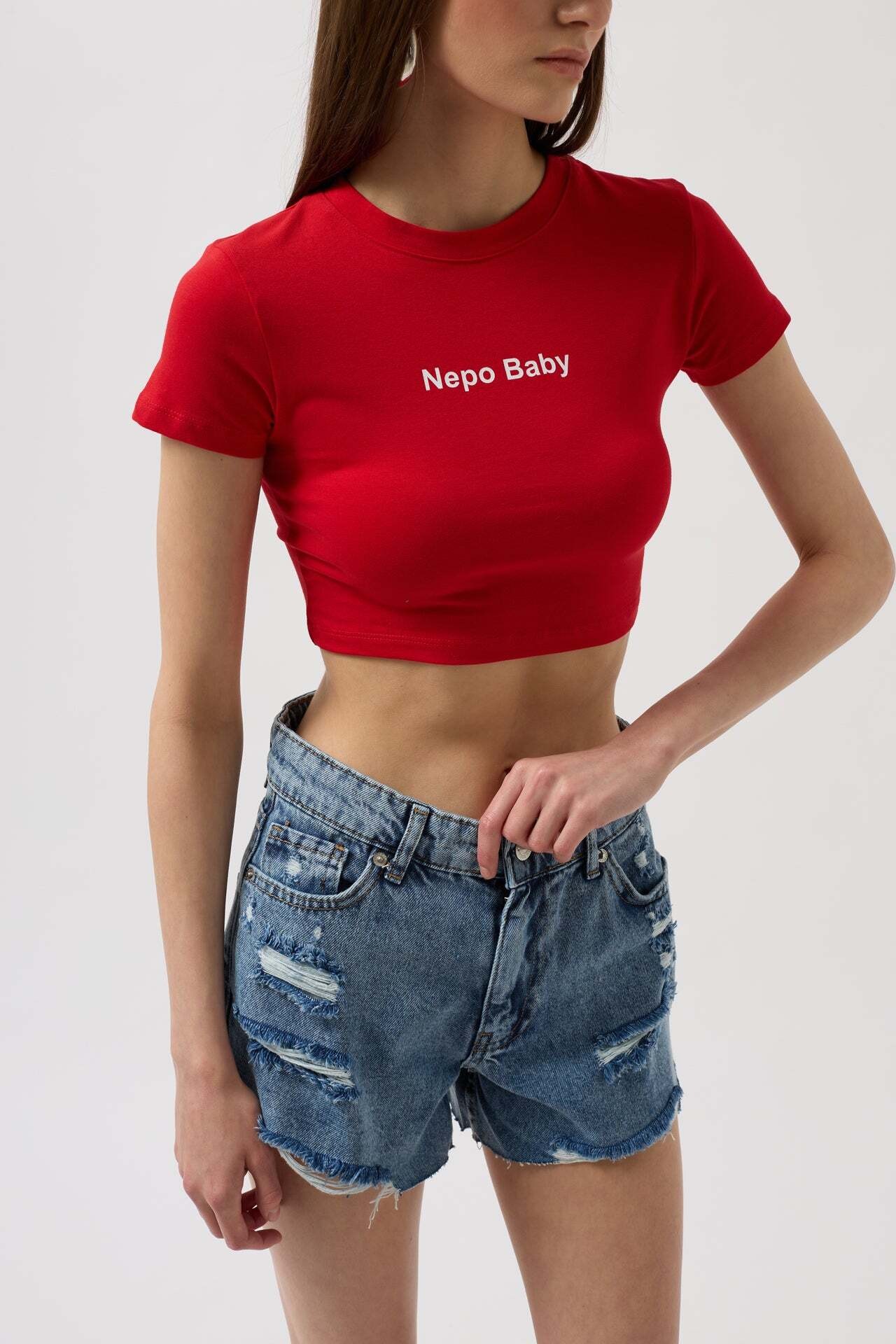 Nepo Baskılı Crop Kırmızı T-Shirt