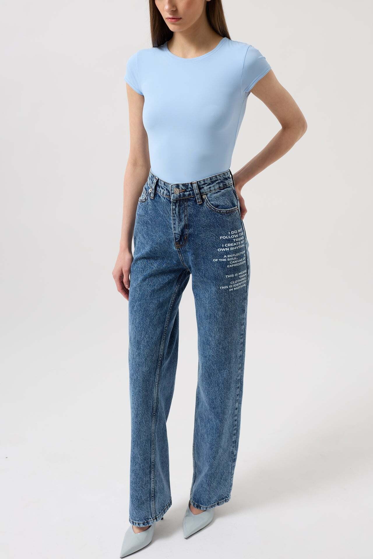 Baskılı Düşük Bel Mavi Jean