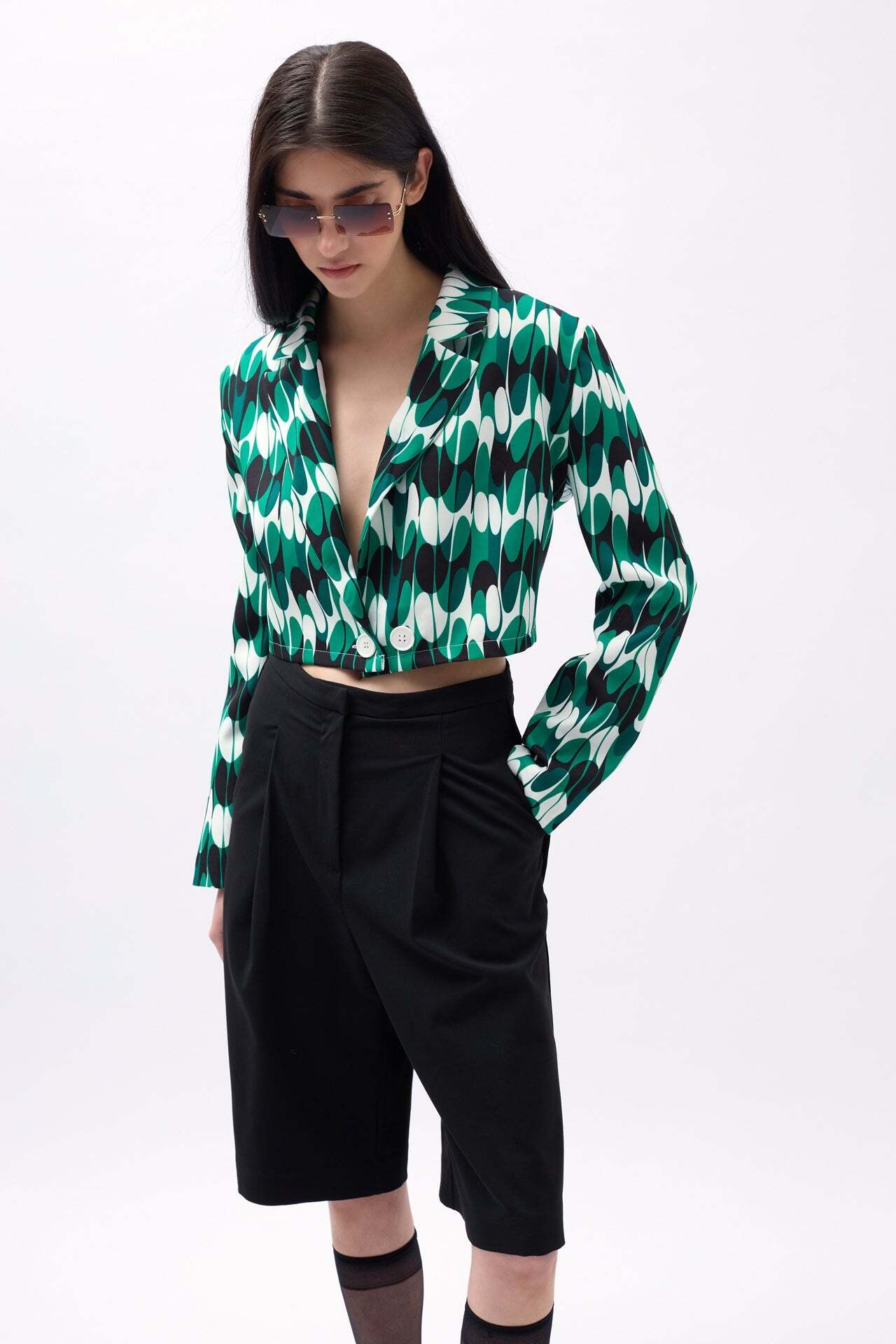 Desenli Yeşil Crop Ceket
