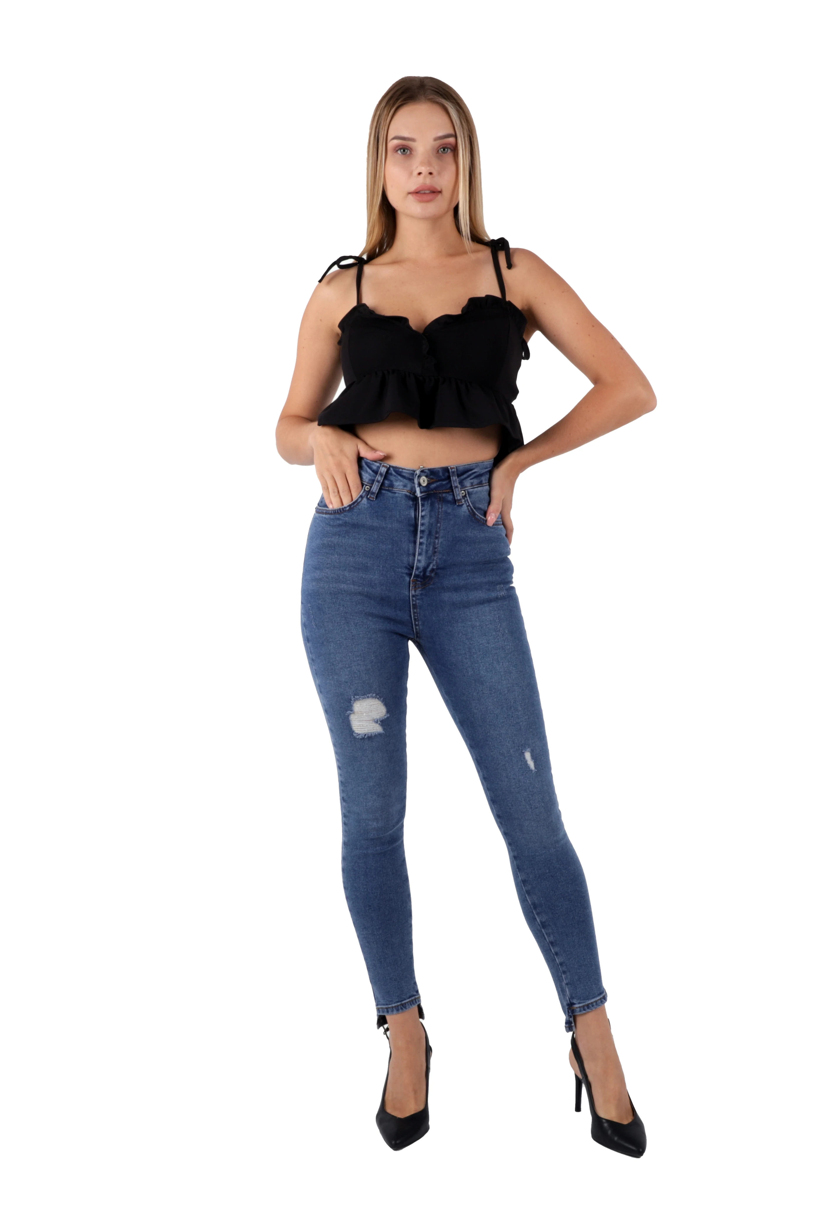 Mavi Renk Dar Paça Eskitme Detaylı Yüksek Bel Jeans