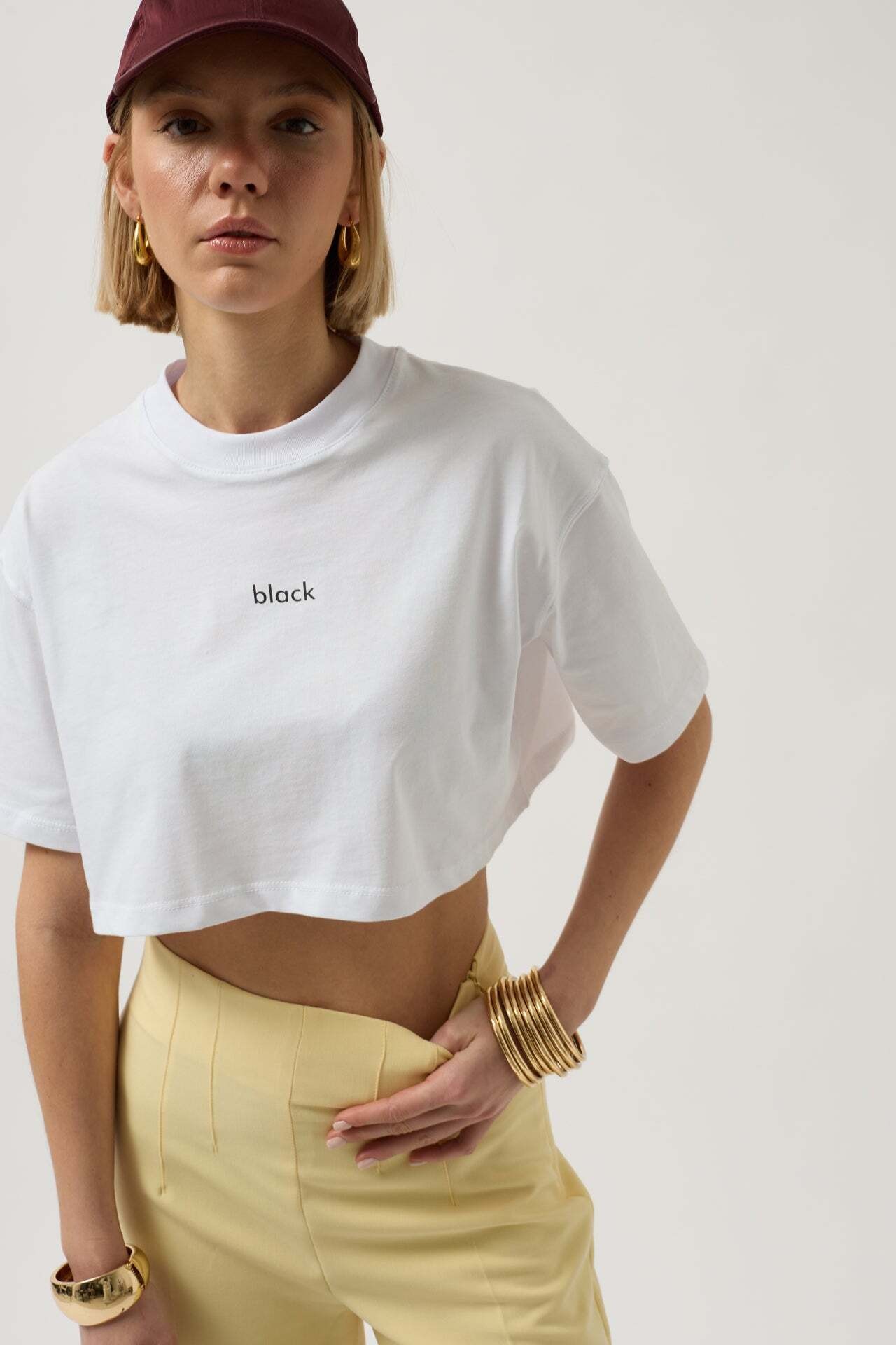 Baskılı Crop Beyaz T-Shirt